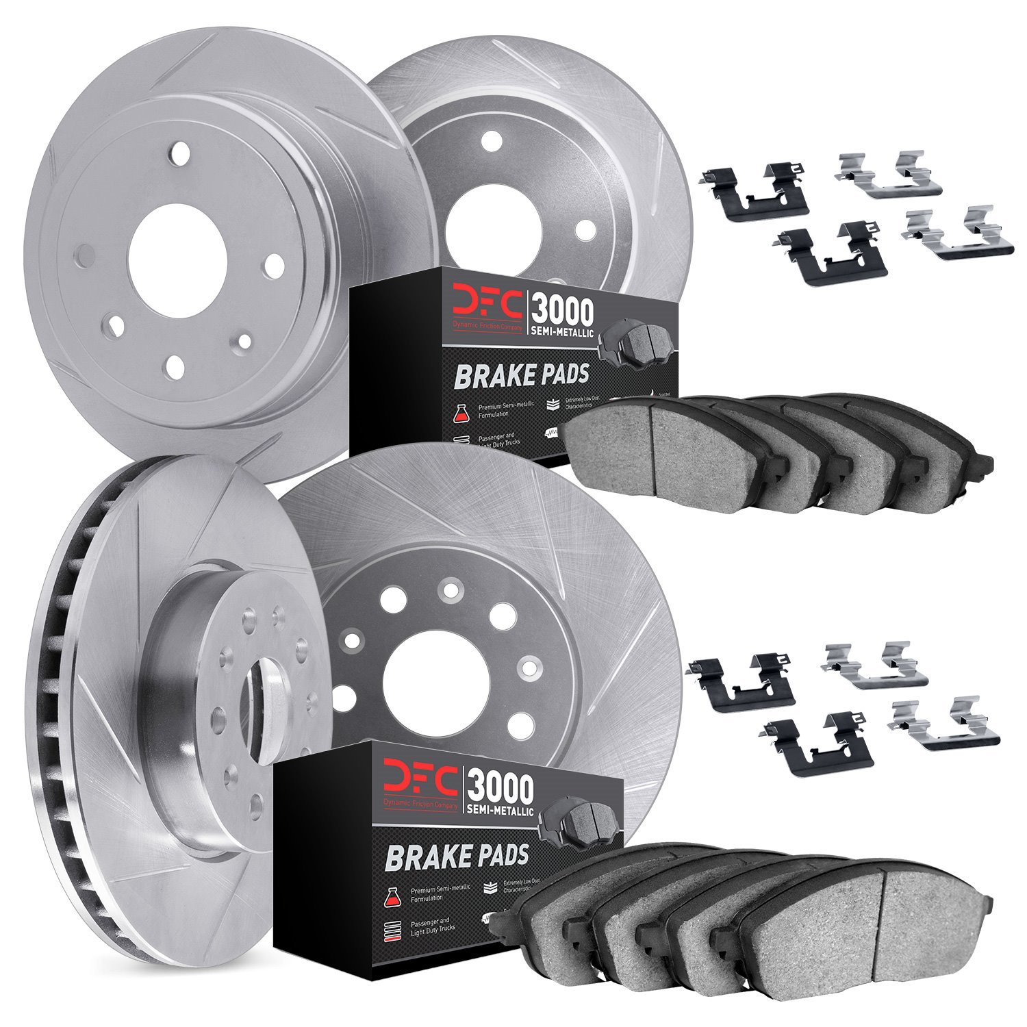 5114-63082 Slotted Brake Rotors with 3000-Series Semi-Metallic Brake Pads Kit & Hardware [Silver], 2000-2005 Mercedes-Benz, Posi