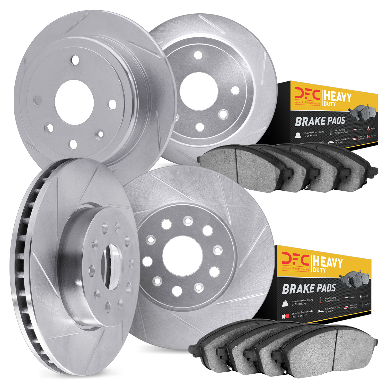 5204-40001 Slotted Brake Rotors w/Heavy-Duty Brake Pads Kits [Silver], 2002-2006 Multiple Makes/Models, Position: Front and Rear