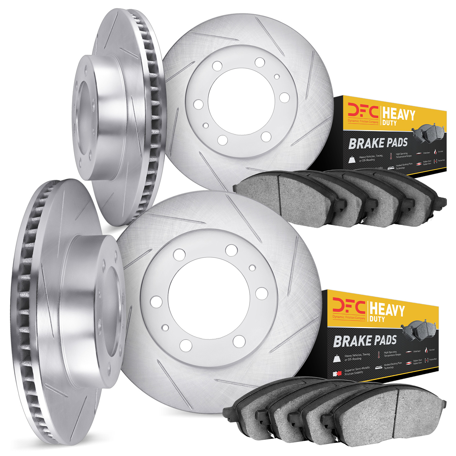 5204-44001 Slotted Brake Rotors w/Heavy-Duty Brake Pads Kits [Silver], 1996-2006 Mopar, Position: Front and Rear