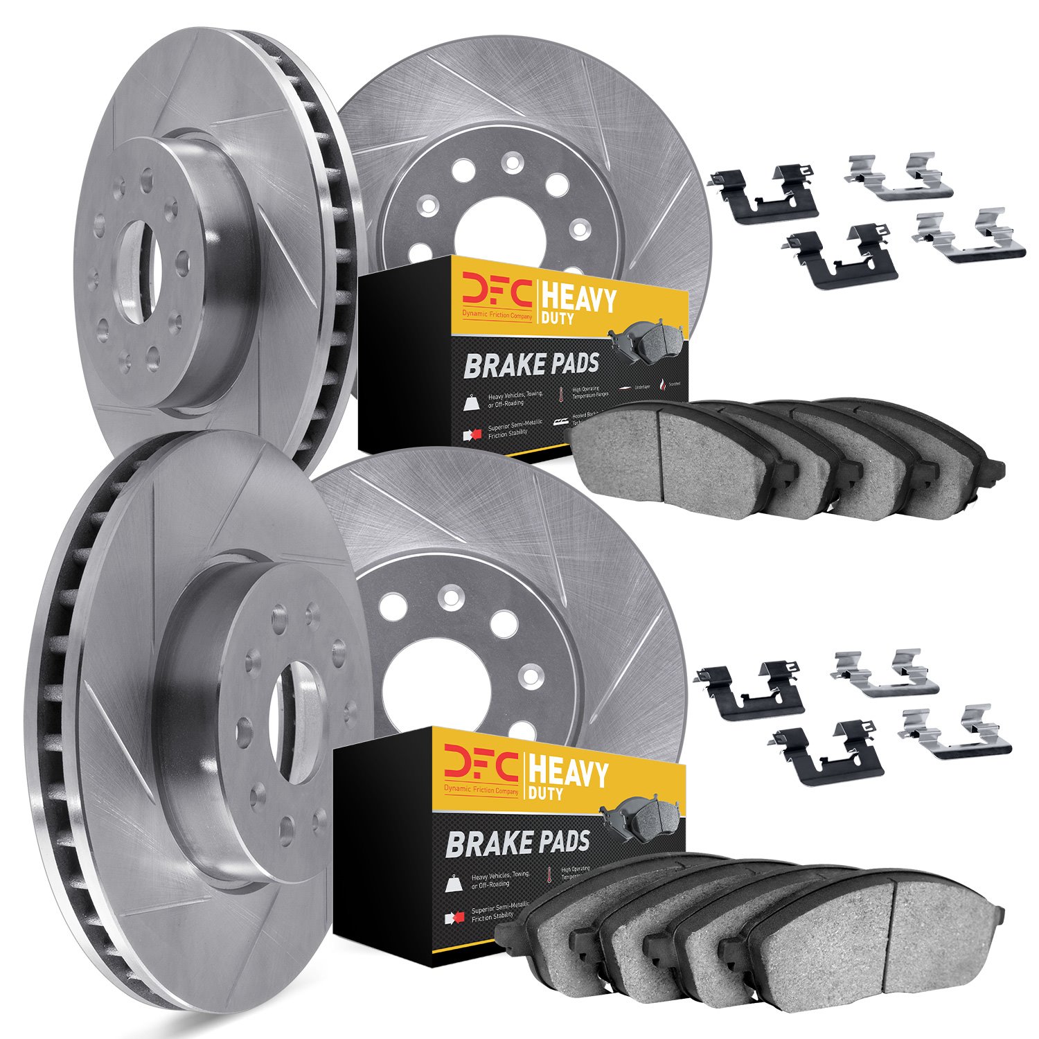 5214-39068 Slotted Brake Rotors w/Heavy-Duty Brake Pads Kits & Hardware [Silver], 2006-2008 Mopar, Position: Front and Rear