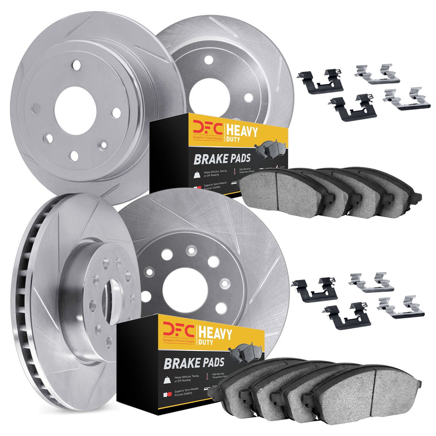 5214-42075 Slotted Brake Rotors w/Heavy-Duty Brake Pads Kits & Hardware [Silver], 2011-2012 Mopar, Position: Front and Rear
