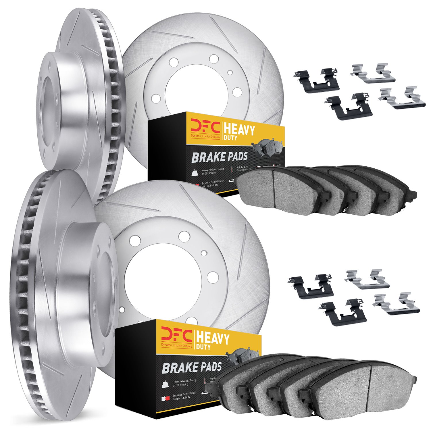 5214-48013 Slotted Brake Rotors w/Heavy-Duty Brake Pads Kits & Hardware [Silver], 2002-2008 GM, Position: Front and Rear