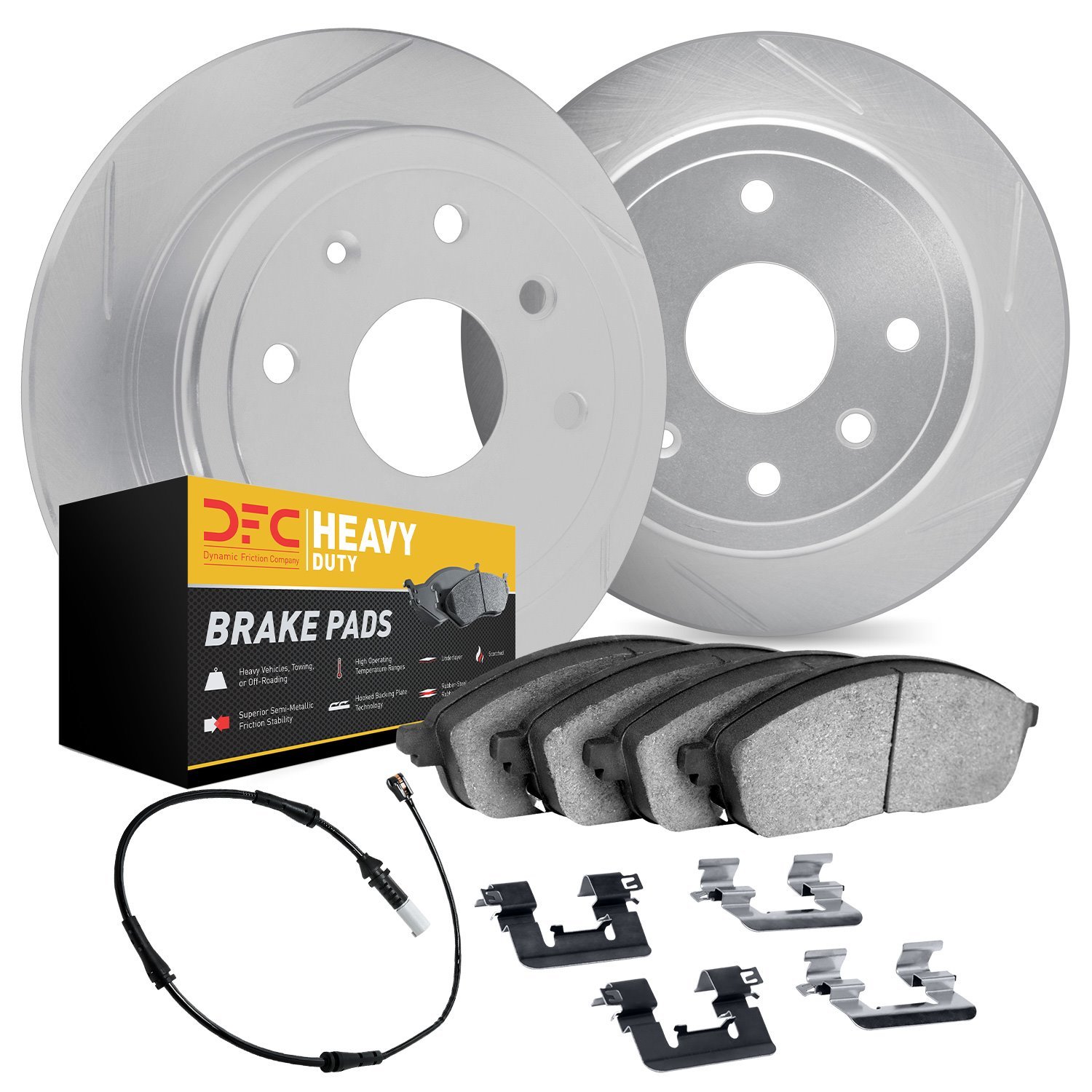 5222-40001 Slotted Brake Rotors w/Heavy-Duty Brake Pads Kits [Silver] includes Sensor & Hardware, 2002-2018 Multiple Makes/Model