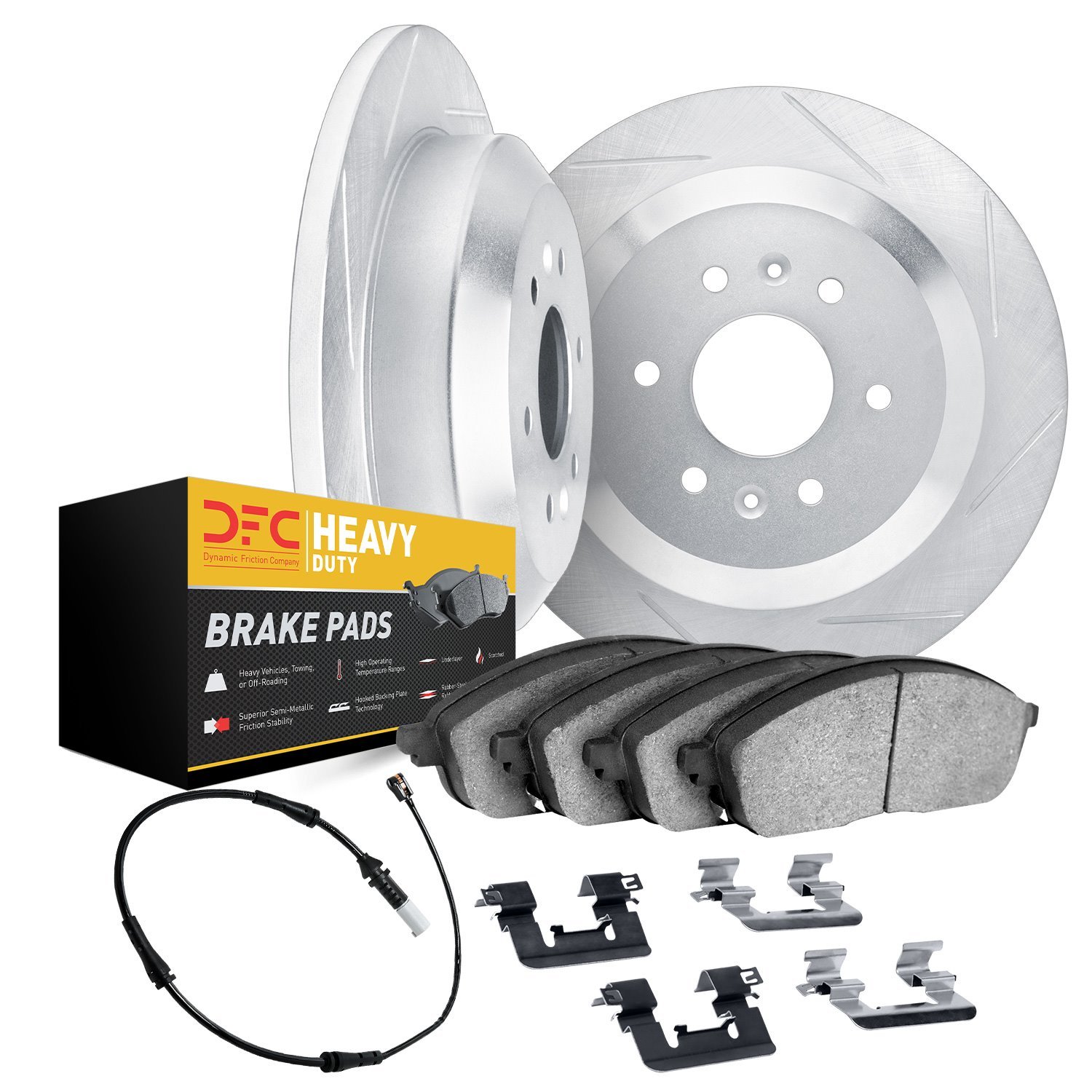 5222-40014 Slotted Brake Rotors w/Heavy-Duty Brake Pads Kits [Silver] includes Sensor & Hardware, 2007-2018 Multiple Makes/Model