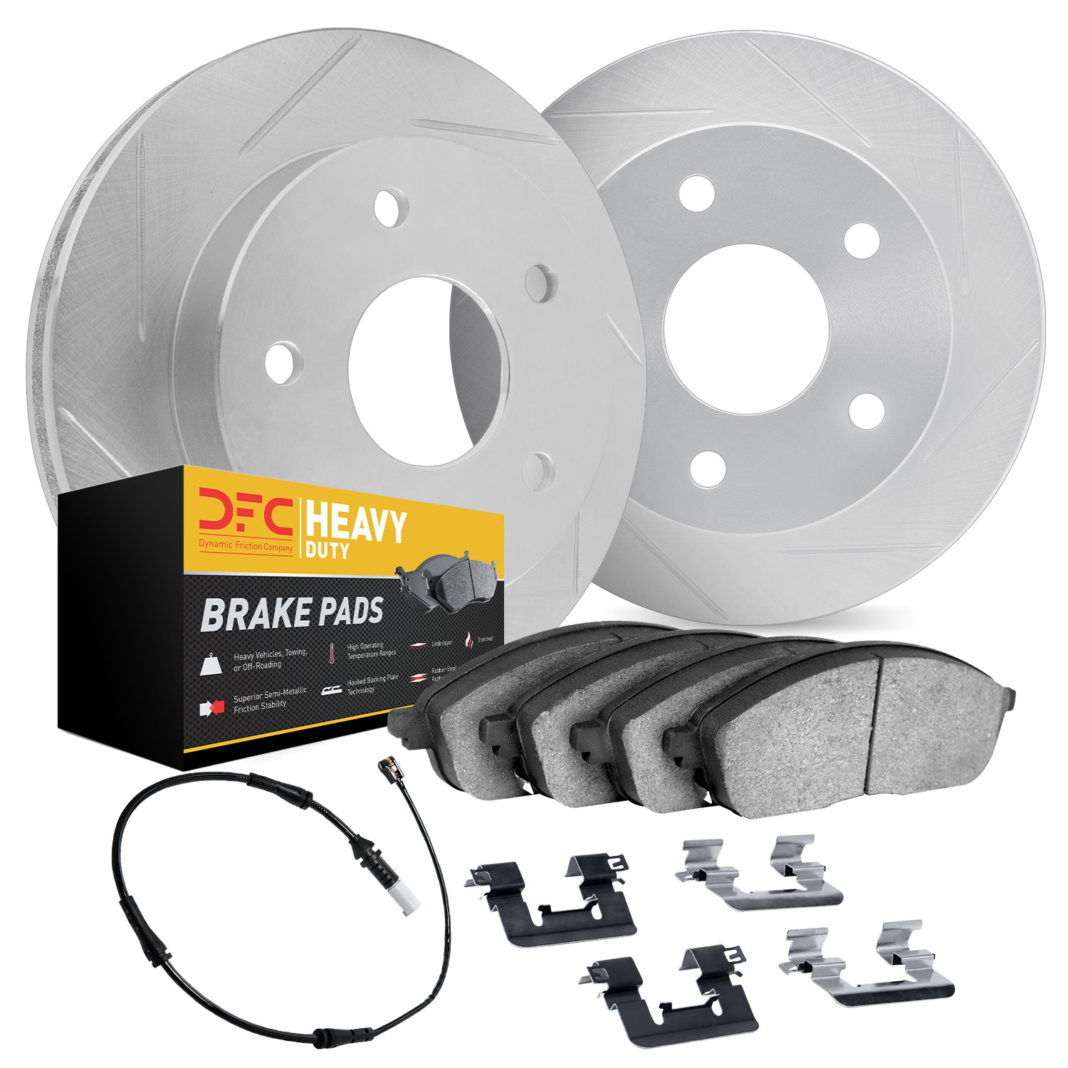 5222-63001 Slotted Brake Rotors w/Heavy-Duty Brake Pads Kits [Silver] includes Sensor & Hardware, 2012-2018 Mercedes-Benz, Posit