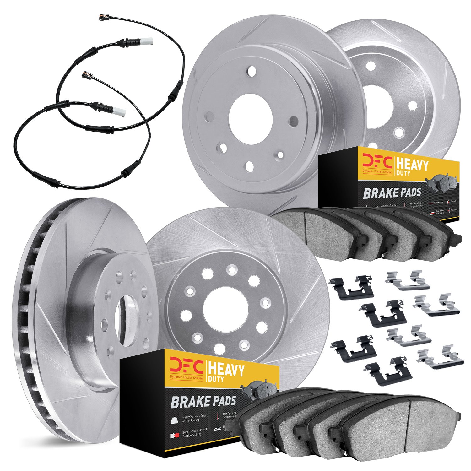 5224-40001 Slotted Brake Rotors w/Heavy-Duty Brake Pads Kits [Silver] includes Sensor & Hardware, 2002-2006 Multiple Makes/Model