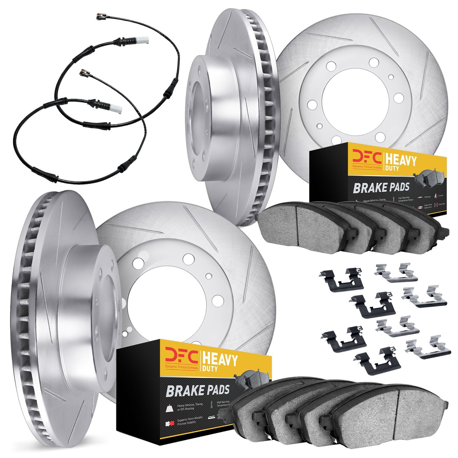 5224-40009 Slotted Brake Rotors w/Heavy-Duty Brake Pads Kits [Silver] includes Sensor & Hardware, 2007-2018 Multiple Makes/Model