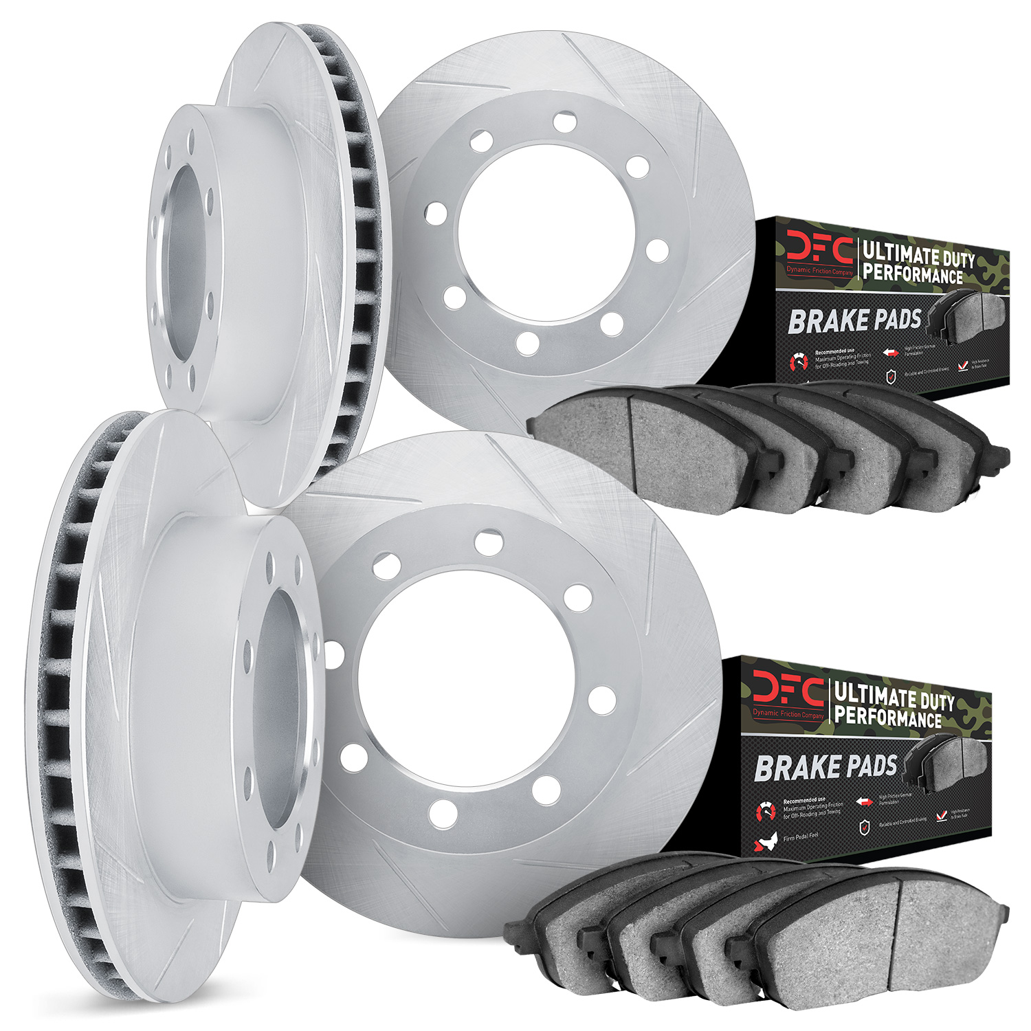 5404-40001 Slotted Brake Rotors with Ultimate-Duty Brake Pads Kit [Silver], 2000-2002 Mopar, Position: Front and Rear
