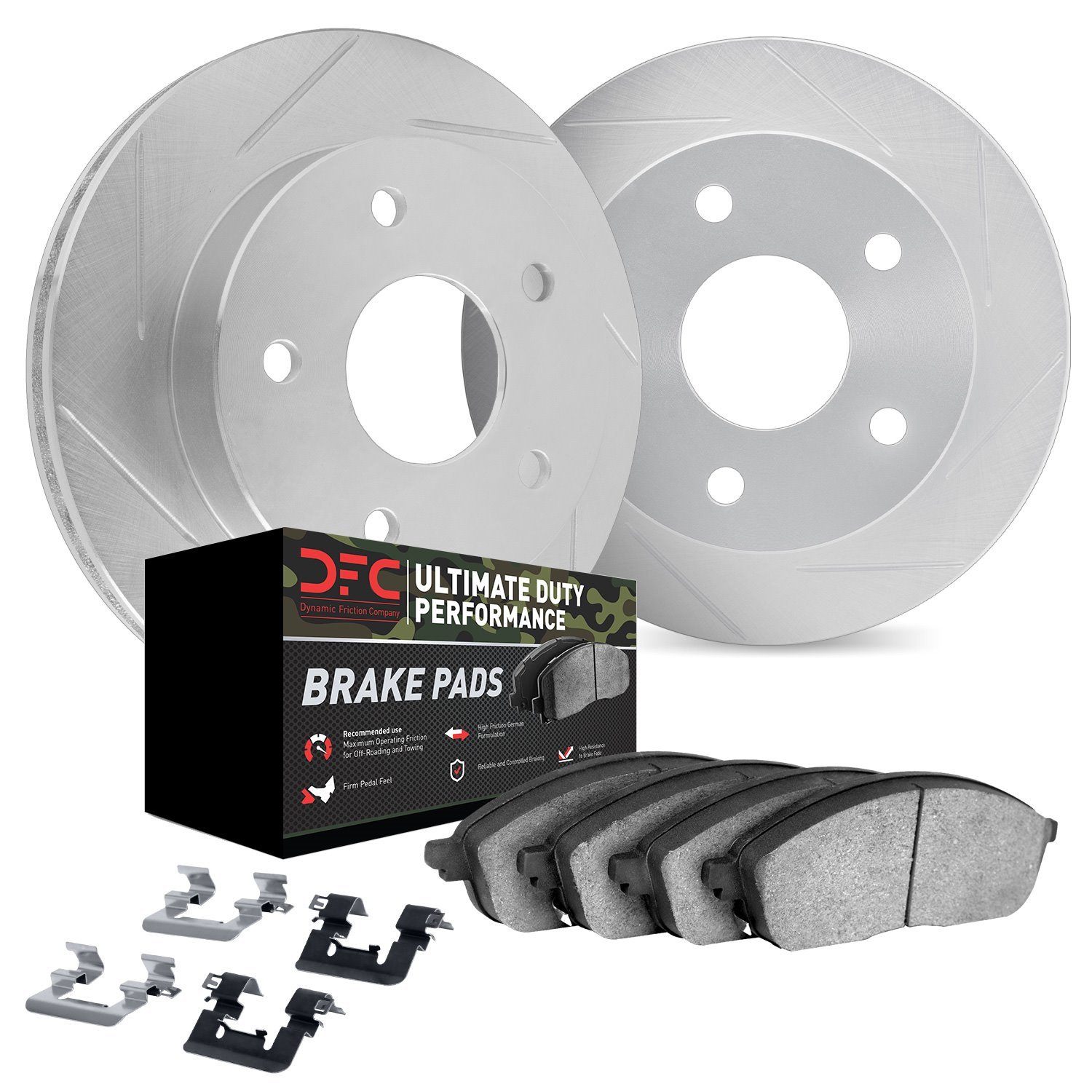 5412-40002 Slotted Brake Rotors with Ultimate-Duty Brake Pads Kit & Hardware [Silver], 1998-2002 Mopar, Position: Front