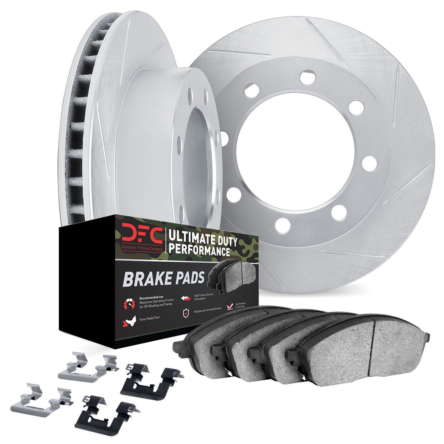 5412-40024 Slotted Brake Rotors with Ultimate-Duty Brake Pads Kit & Hardware [Silver], 2009-2018 Mopar, Position: Rear