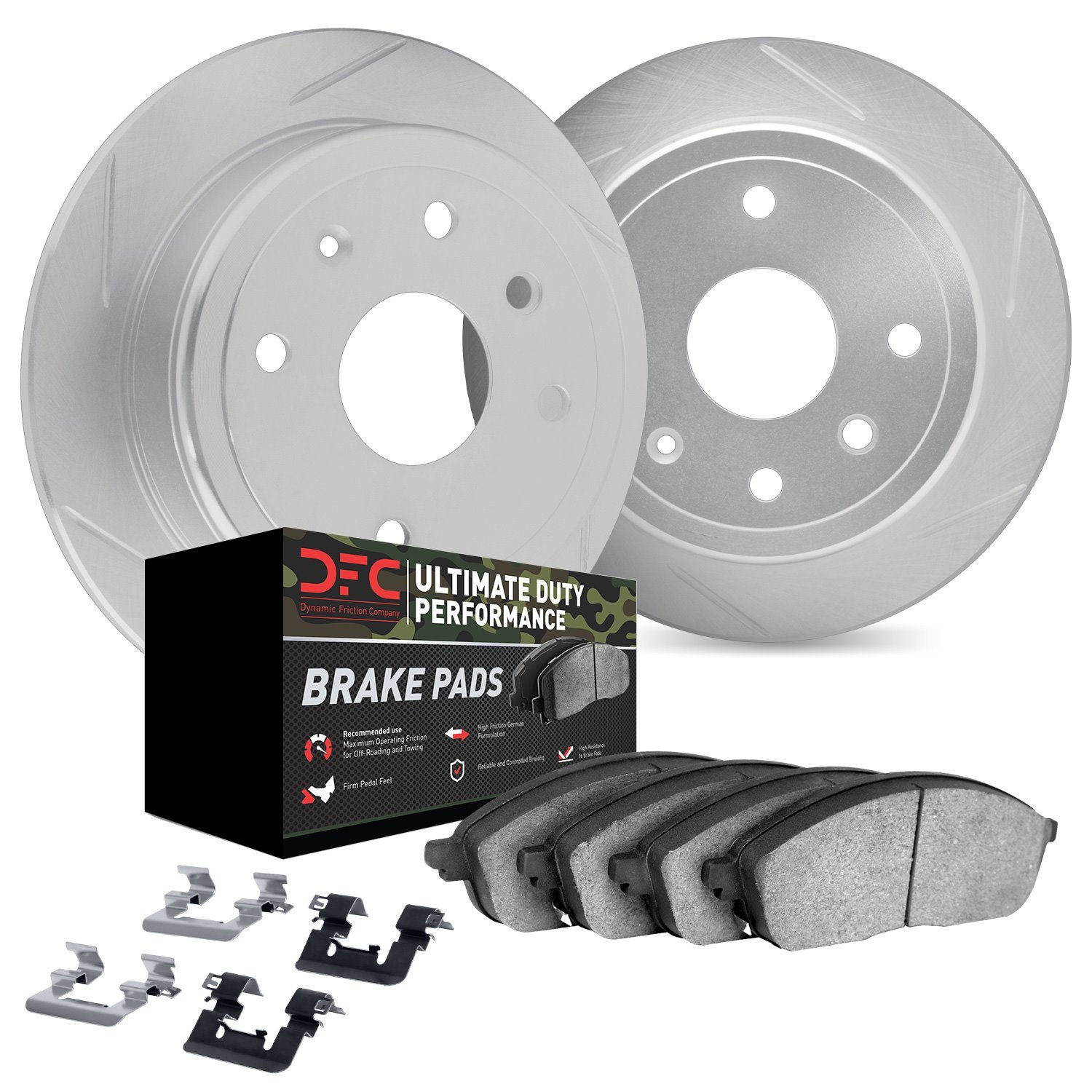 5412-42034 Slotted Brake Rotors with Ultimate-Duty Brake Pads Kit & Hardware [Silver], 1999-2004 Mopar, Position: Rear