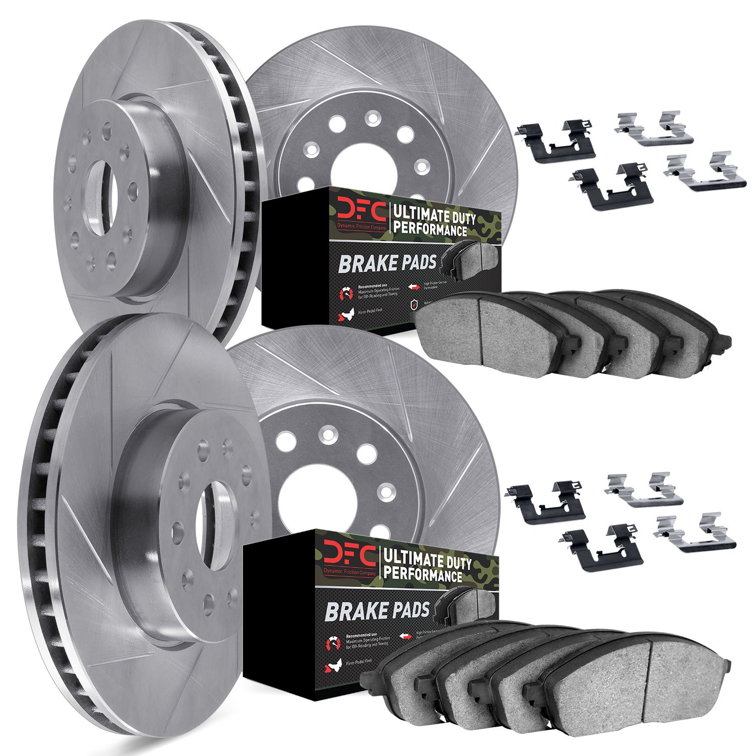 5414-26001 Slotted Brake Rotors with Ultimate-Duty Brake Pads Kit & Hardware [Silver], 2012-2013 Tesla, Position: Front and Rear