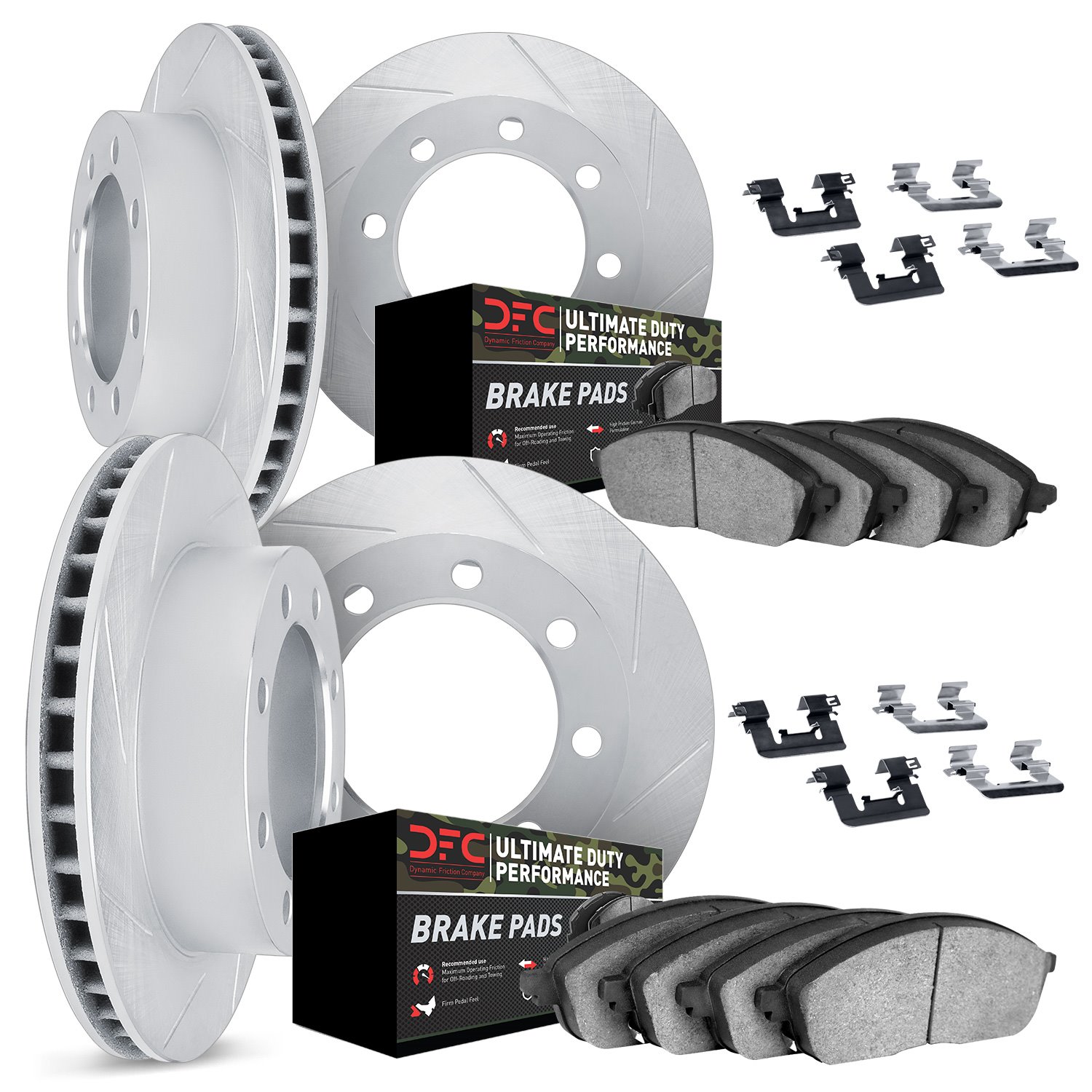 5414-40001 Slotted Brake Rotors with Ultimate-Duty Brake Pads Kit & Hardware [Silver], 2000-2002 Mopar, Position: Front and Rear