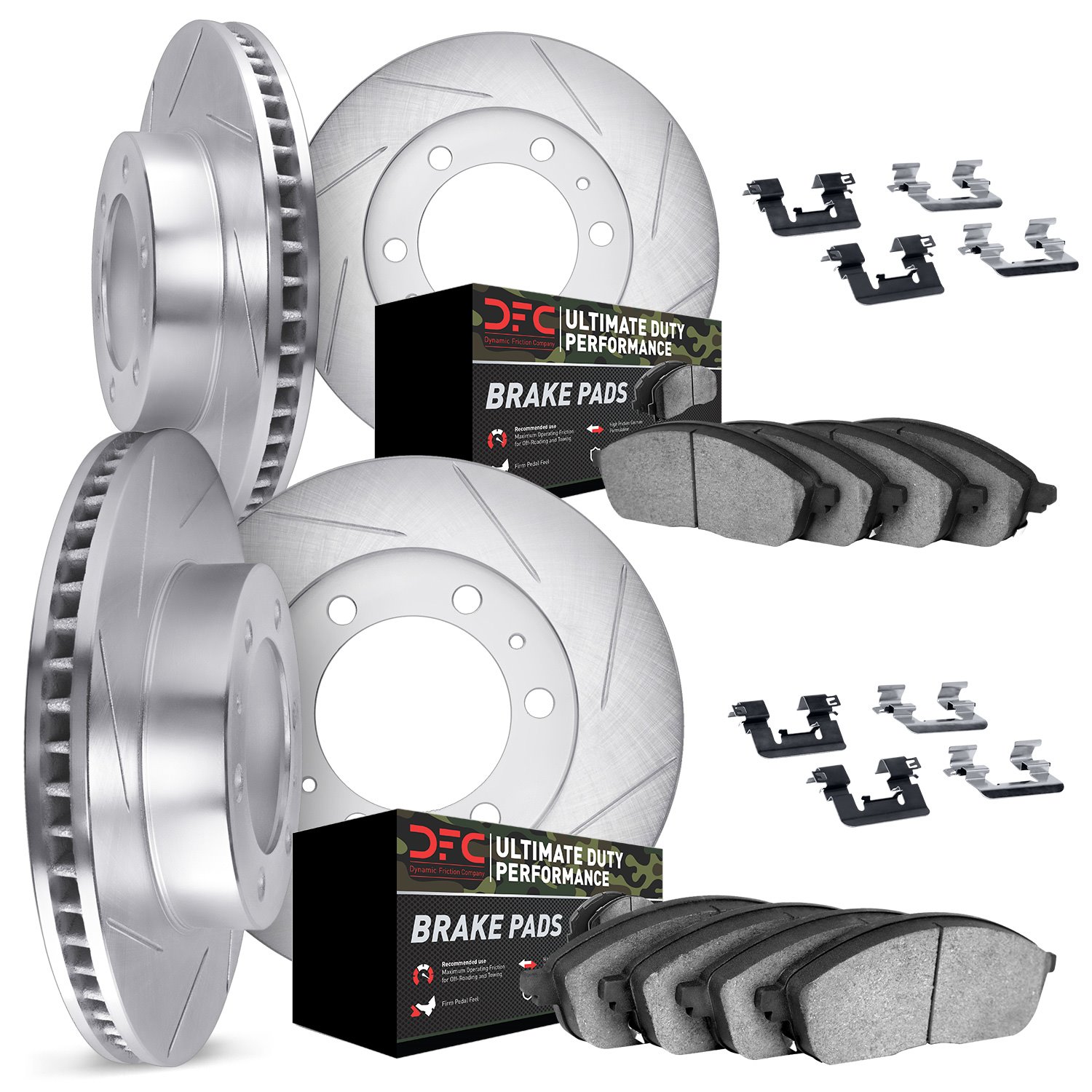 5414-40005 Slotted Brake Rotors with Ultimate-Duty Brake Pads Kit & Hardware [Silver], 2003-2003 Mopar, Position: Front and Rear