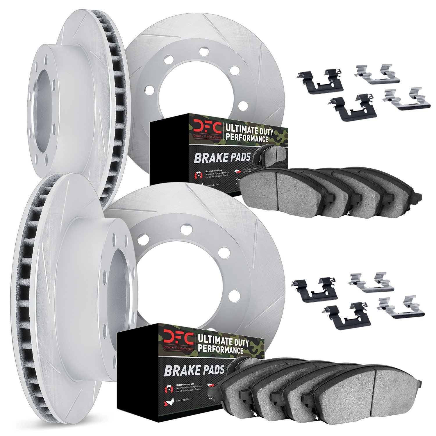 5414-40007 Slotted Brake Rotors with Ultimate-Duty Brake Pads Kit & Hardware [Silver], 2009-2018 Mopar, Position: Front and Rear