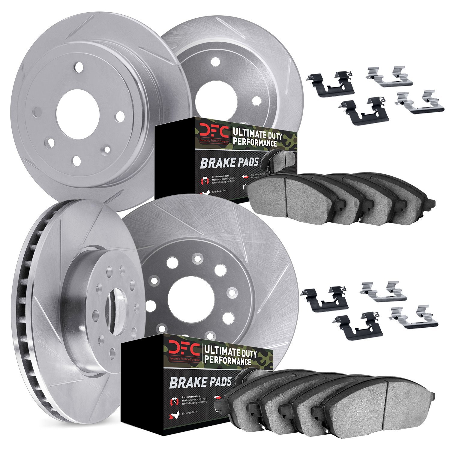 5414-42001 Slotted Brake Rotors with Ultimate-Duty Brake Pads Kit & Hardware [Silver], 2005-2010 Mopar, Position: Front and Rear