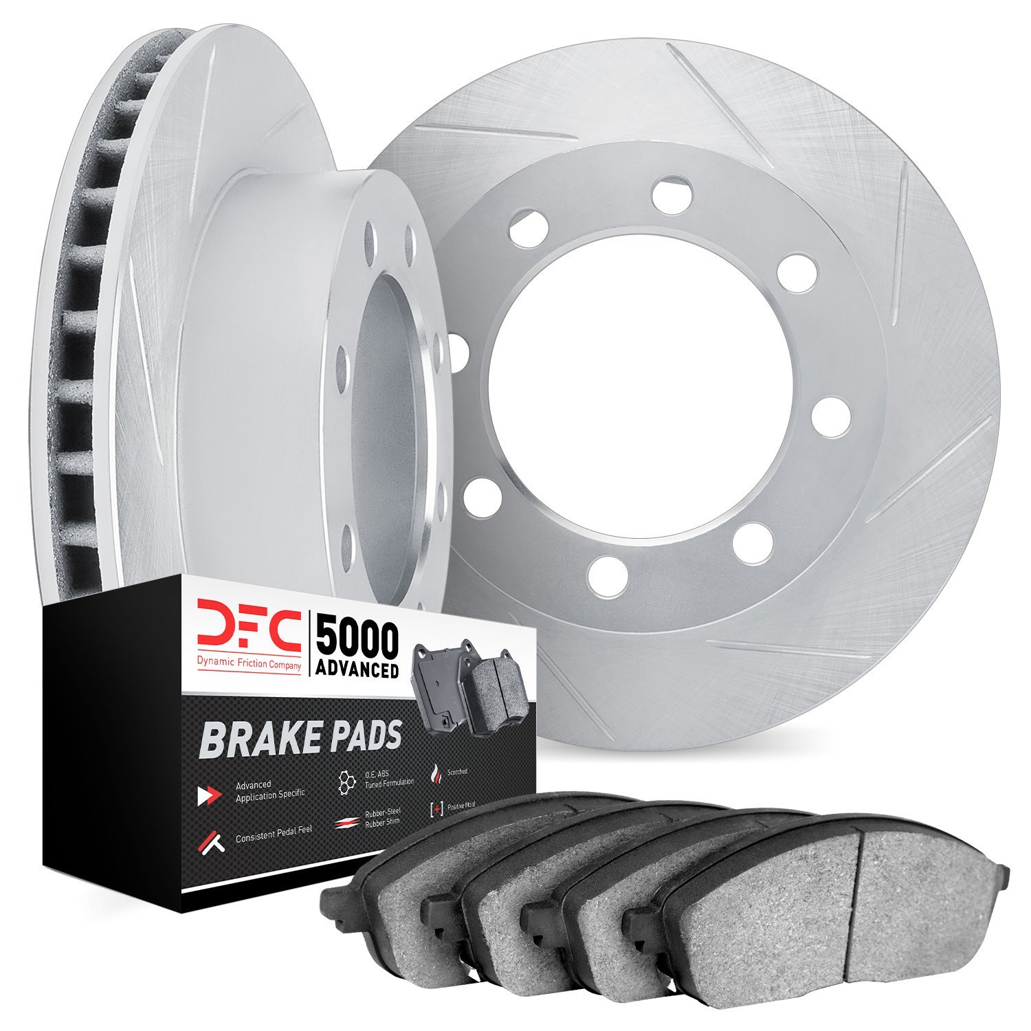 5502-40001 Slotted Brake Rotors w/5000 Advanced Brake Pads Kit [Silver], 1973-1993 Mopar, Position: Front