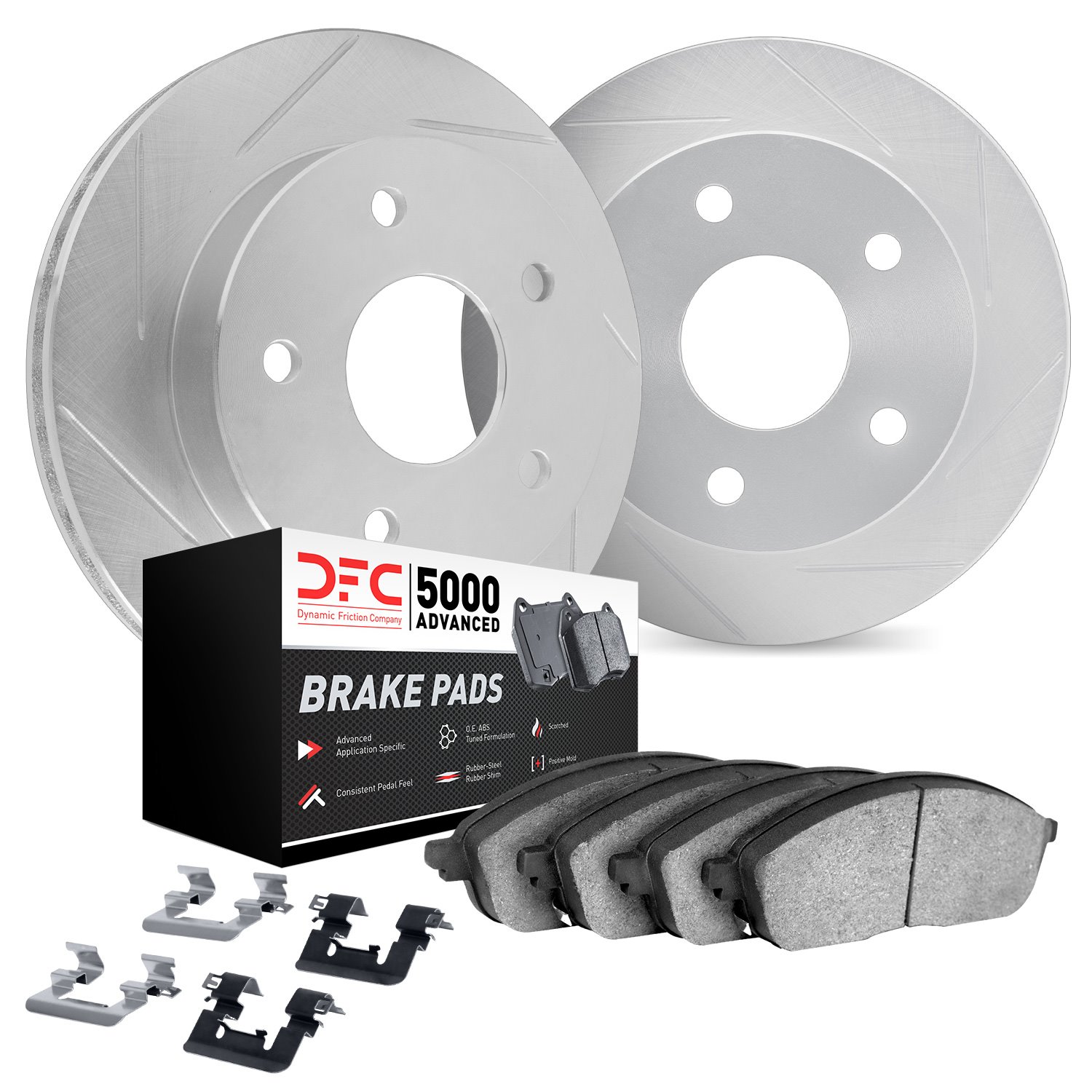 5512-01008 Slotted Brake Rotors w/5000 Advanced Brake Pads Kit & Hardware [Silver], 1996-1998 Suzuki, Position: Front