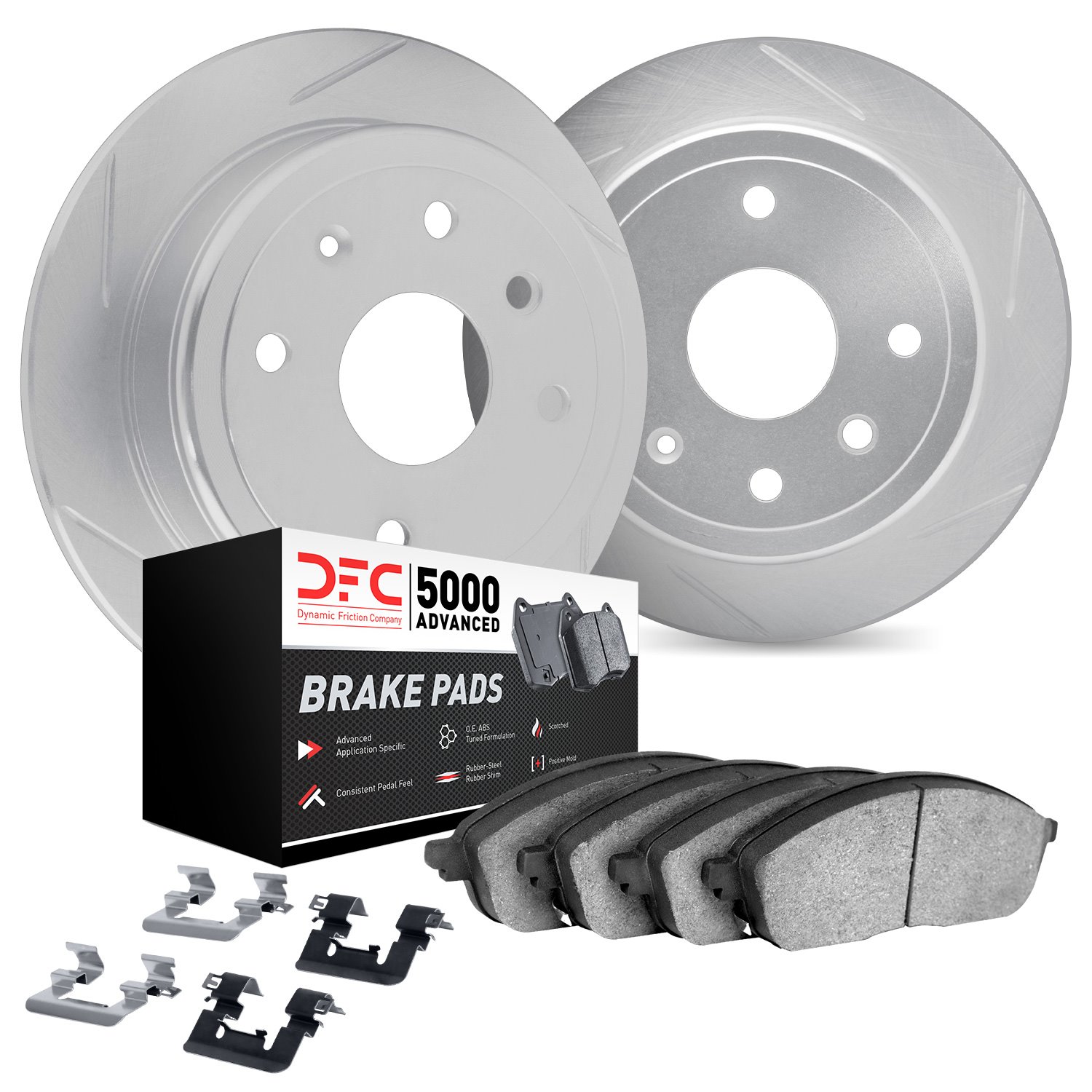 5512-11005 Slotted Brake Rotors w/5000 Advanced Brake Pads Kit & Hardware [Silver], 1974-1974 Land Rover, Position: Front