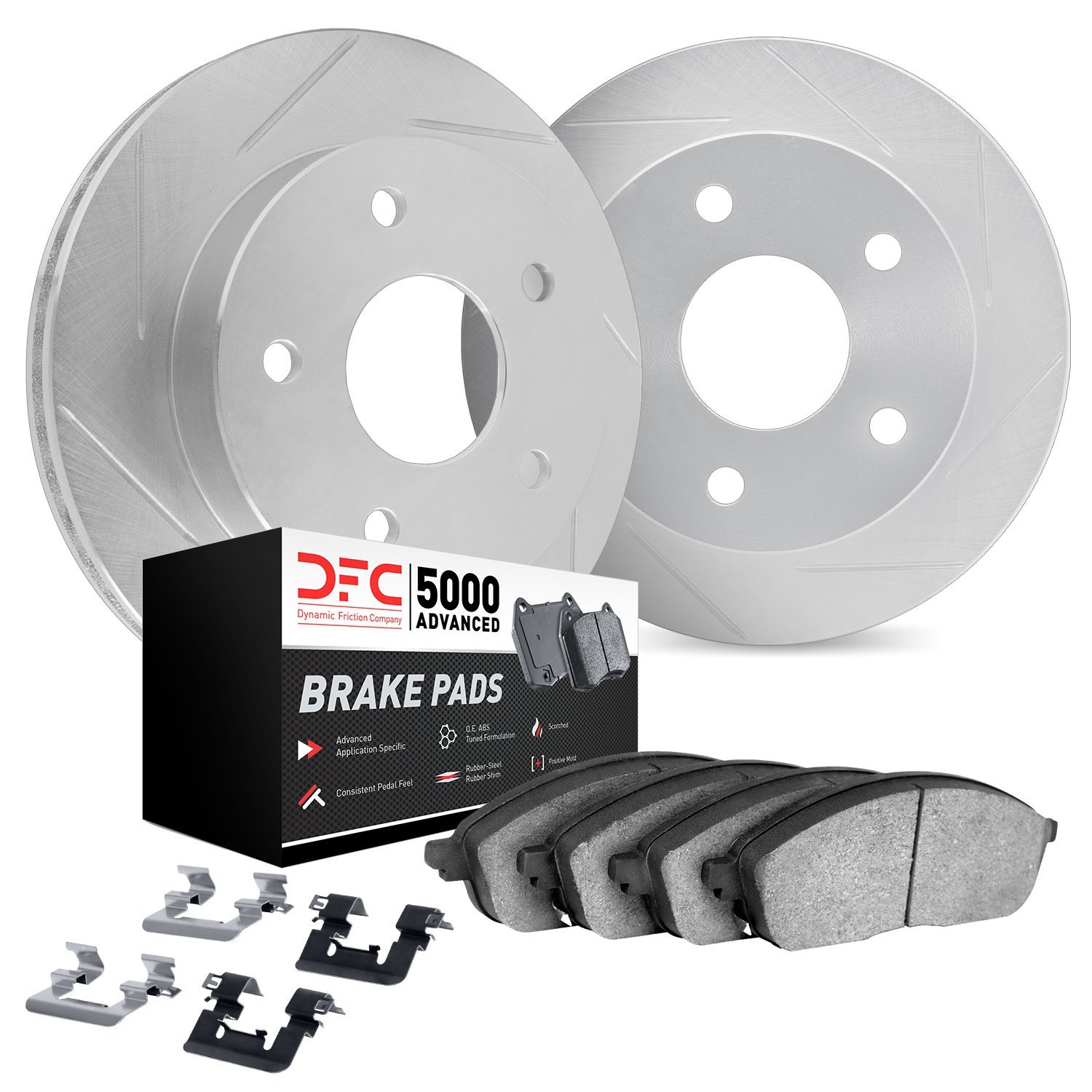 5512-11006 Slotted Brake Rotors w/5000 Advanced Brake Pads Kit & Hardware [Silver], 1990-1995 Land Rover, Position: Front