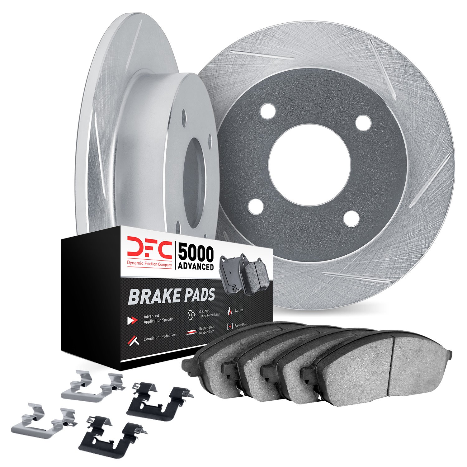 5512-13001 Slotted Brake Rotors w/5000 Advanced Brake Pads Kit & Hardware [Silver], 1972-1981 Subaru, Position: Front