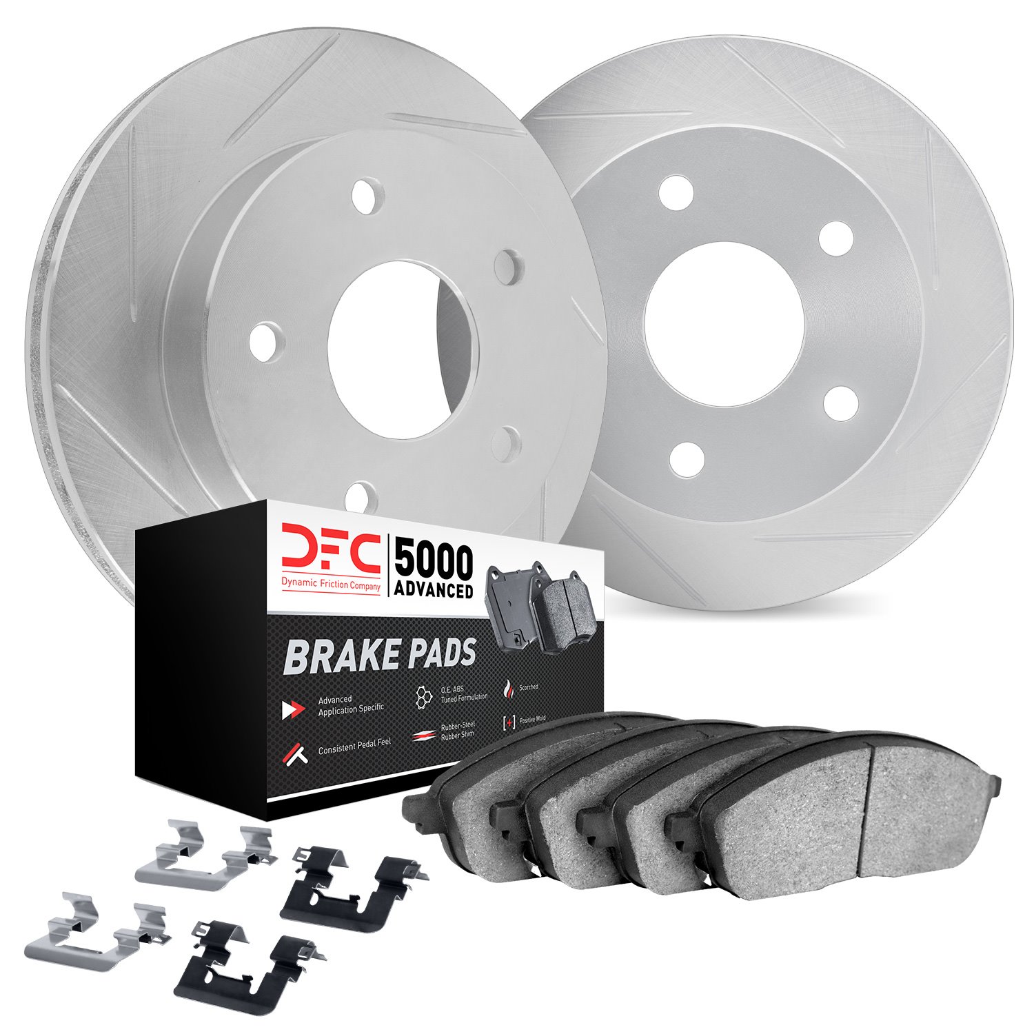 5512-13037 Slotted Brake Rotors w/5000 Advanced Brake Pads Kit & Hardware [Silver], 2005-2018 Subaru, Position: Front
