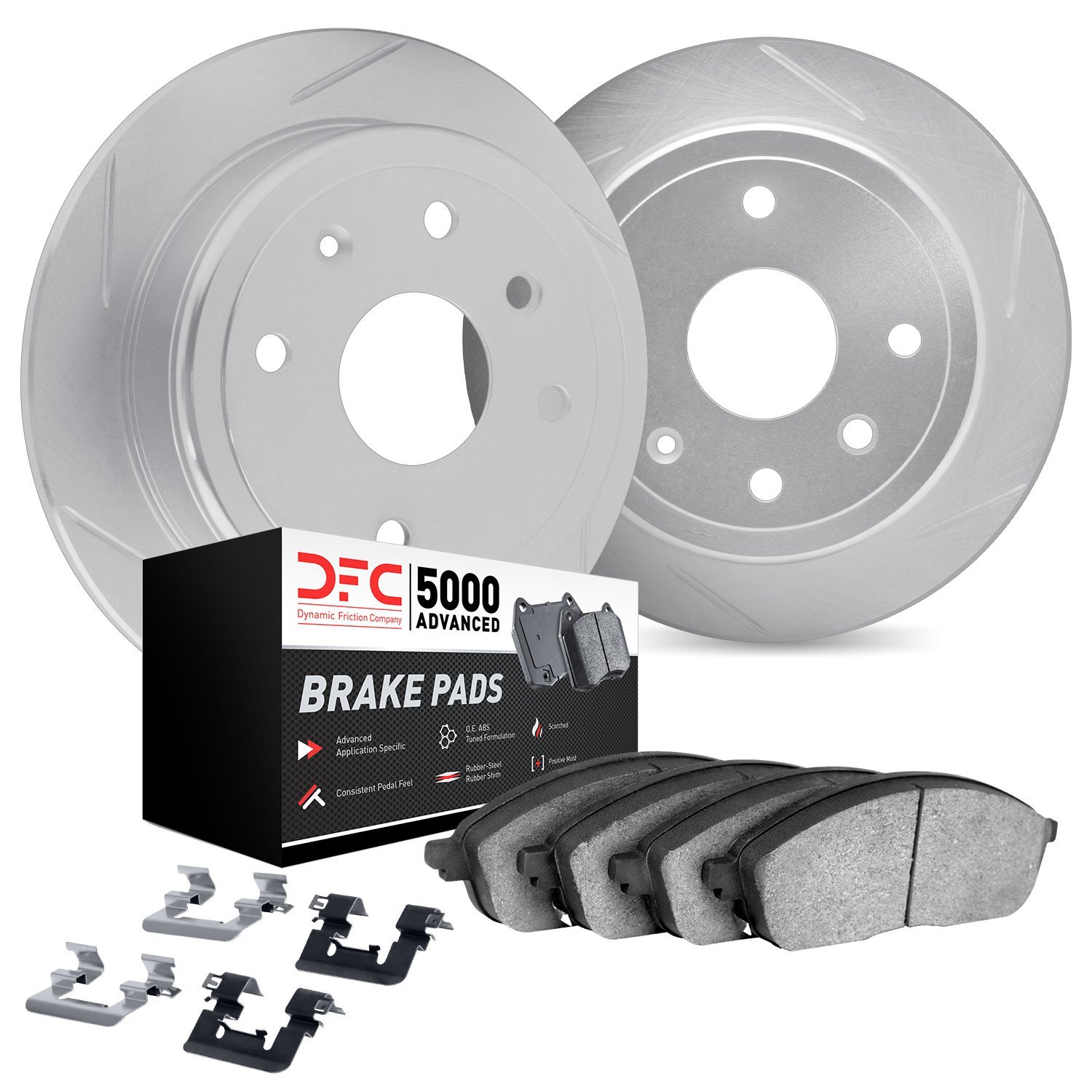 5512-13041 Slotted Brake Rotors w/5000 Advanced Brake Pads Kit & Hardware [Silver], 2008-2015 Subaru, Position: Rear