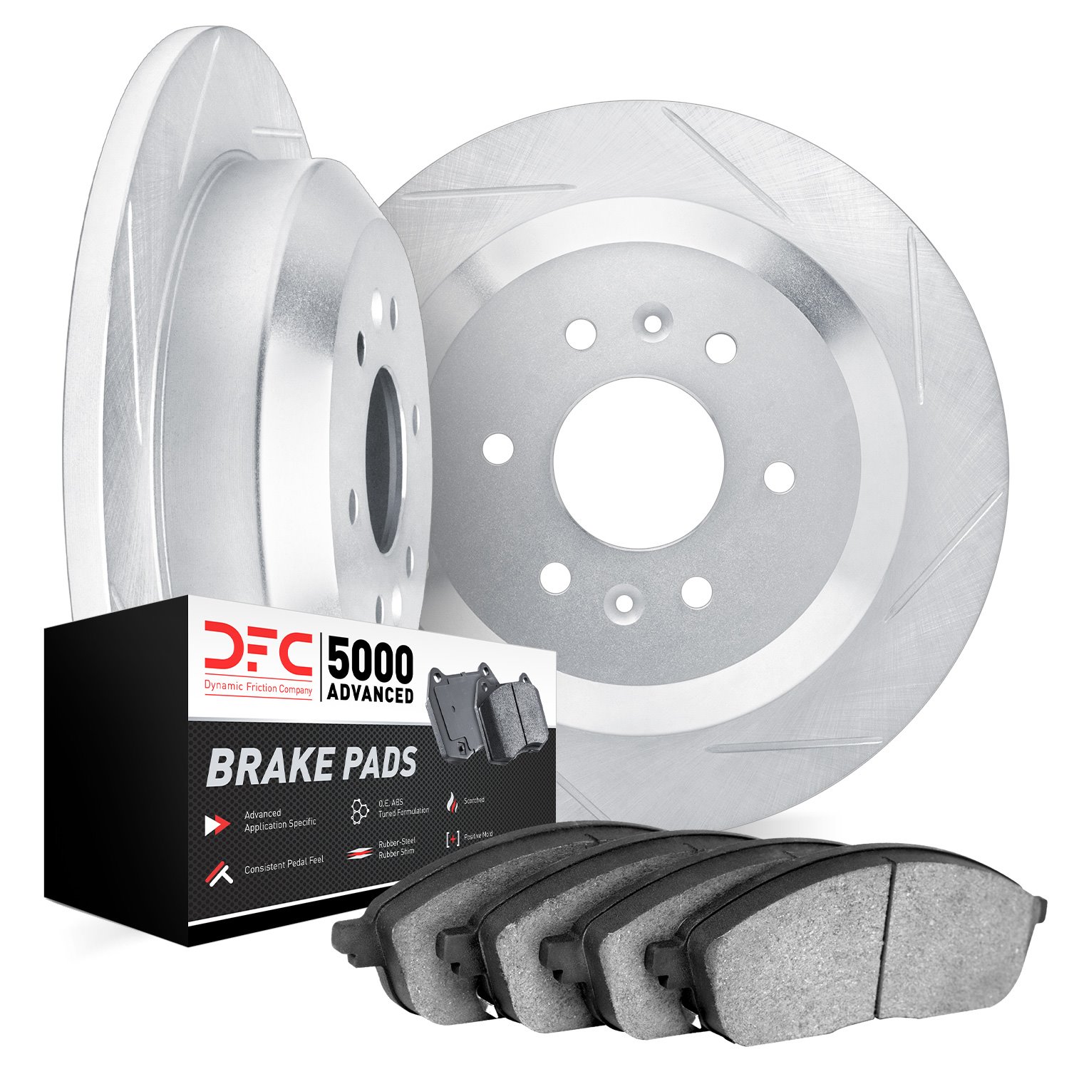 5512-93002 Slotted Brake Rotors w/5000 Advanced Brake Pads Kit & Hardware [Silver], 2006-2010 GM, Position: Rear