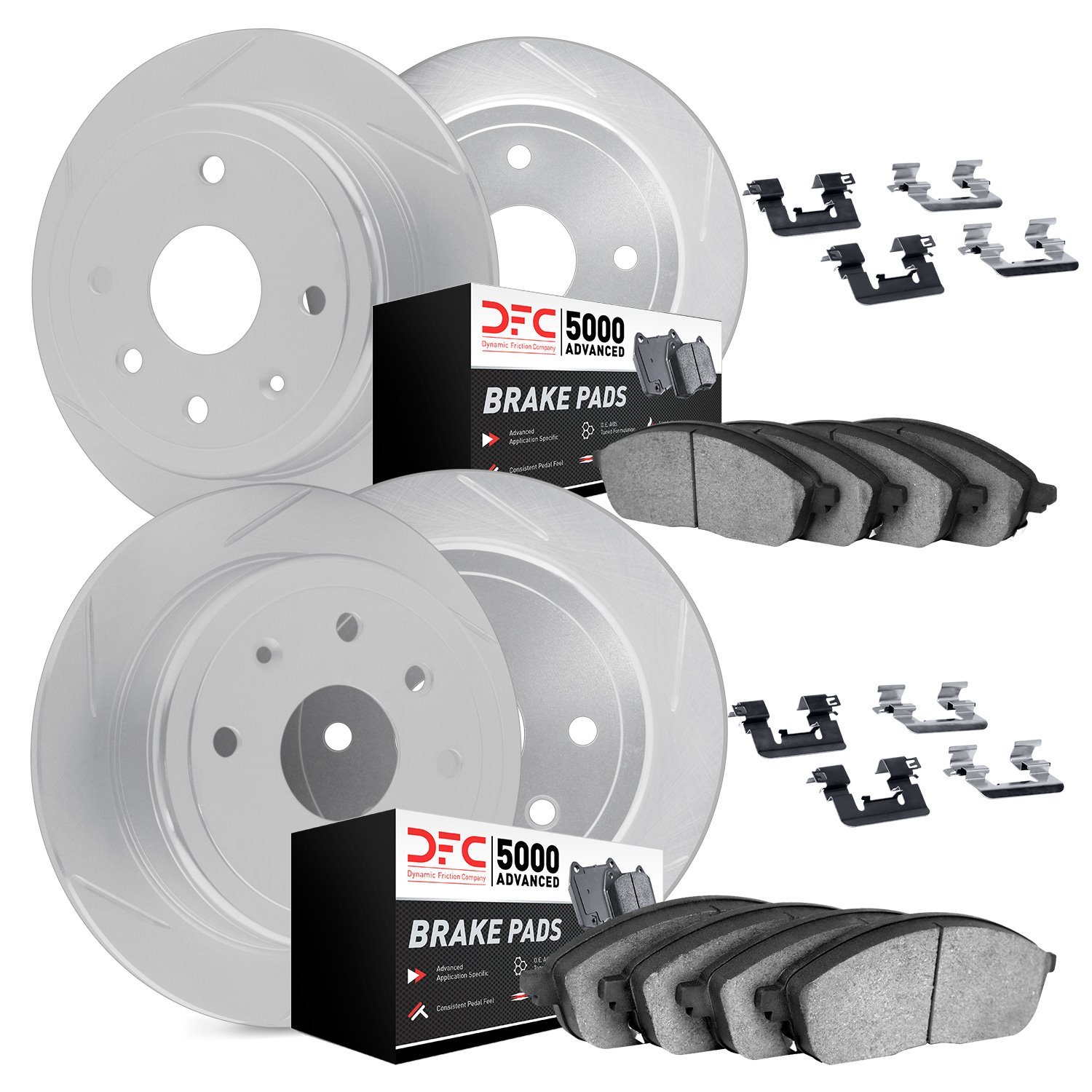 5514-11001 Slotted Brake Rotors w/5000 Advanced Brake Pads Kit & Hardware [Silver], 1987-1989 Land Rover, Position: Front and Re