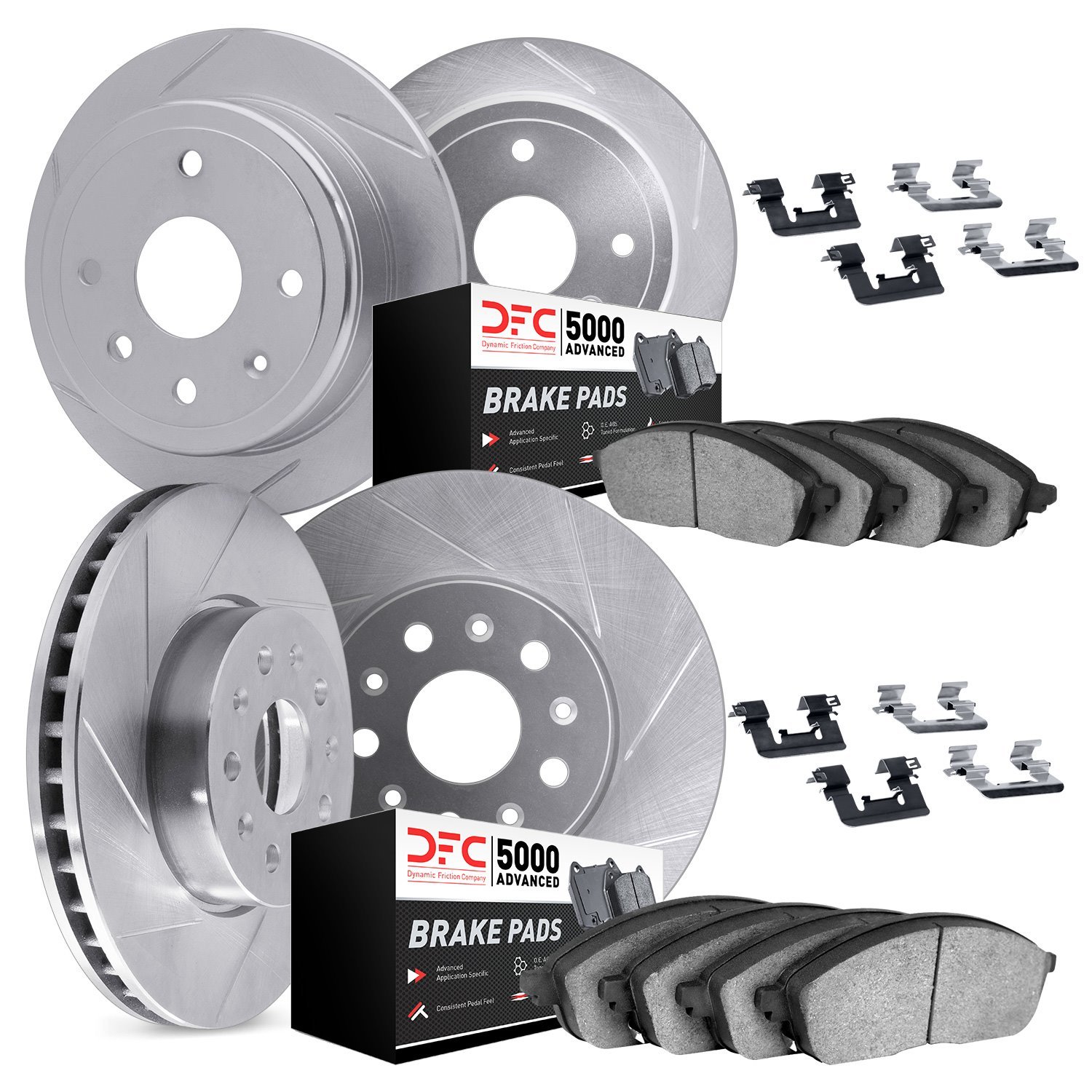 5514-11003 Slotted Brake Rotors w/5000 Advanced Brake Pads Kit & Hardware [Silver], 1990-1995 Land Rover, Position: Front and Re