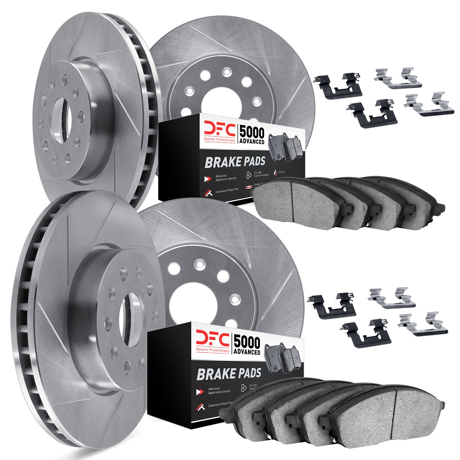 5514-11008 Slotted Brake Rotors w/5000 Advanced Brake Pads Kit & Hardware [Silver], 2005-2009 Land Rover, Position: Front and Re