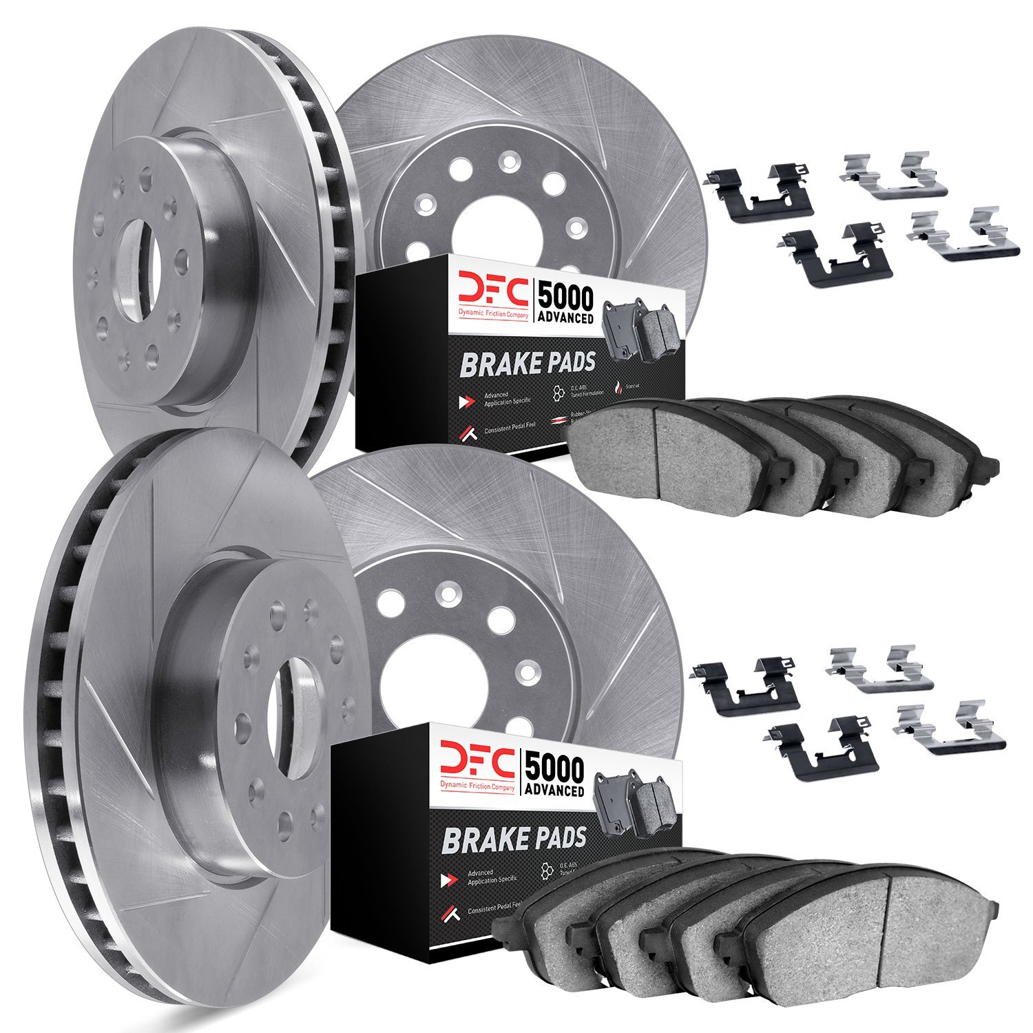 5514-27079 Slotted Brake Rotors w/5000 Advanced Brake Pads Kit & Hardware [Silver], 2016-2017 Volvo, Position: Front and Rear