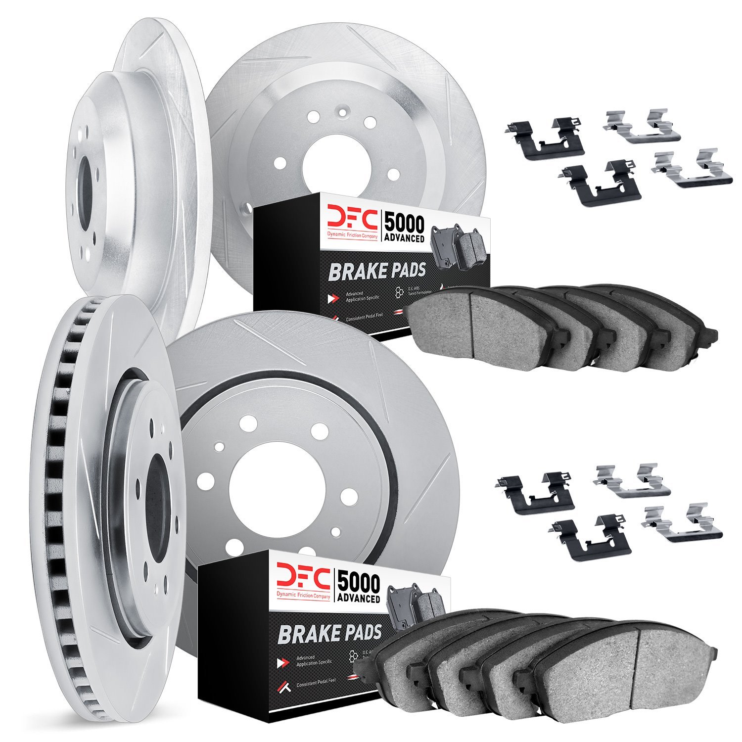 5514-37001 Slotted Brake Rotors w/5000 Advanced Brake Pads Kit & Hardware [Silver], 1988-1995 GM, Position: Front and Rear