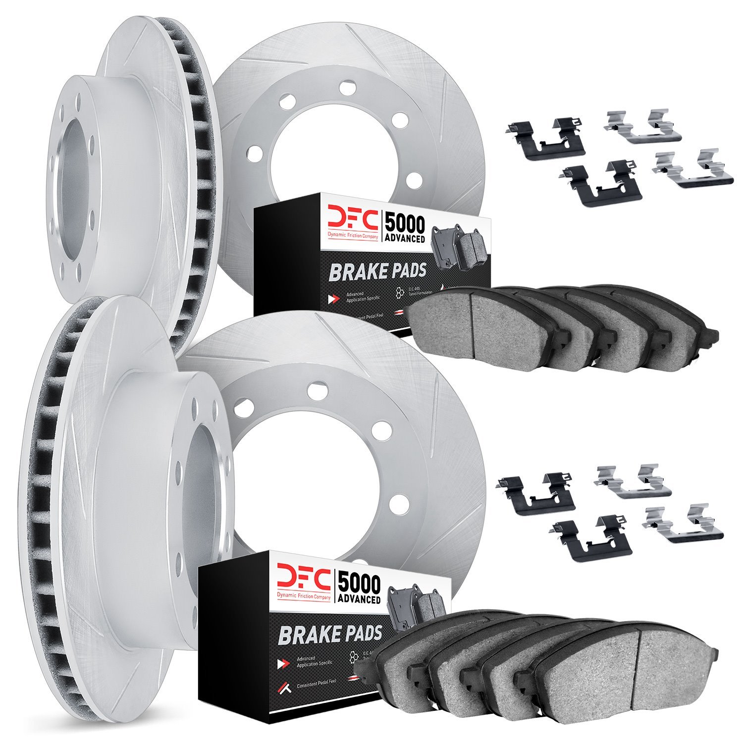 5514-40021 Slotted Brake Rotors w/5000 Advanced Brake Pads Kit & Hardware [Silver], 2000-2002 Mopar, Position: Front and Rear