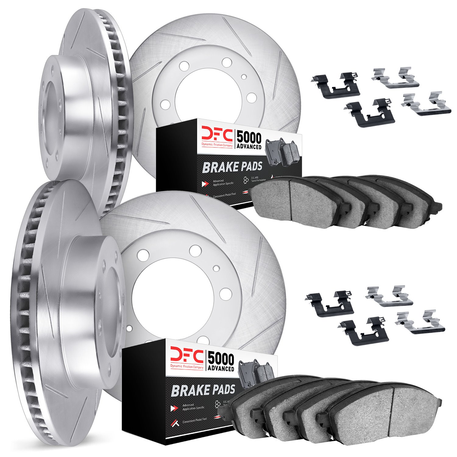 5514-47030 Slotted Brake Rotors w/5000 Advanced Brake Pads Kit & Hardware [Silver], 2006-2009 GM, Position: Front and Rear
