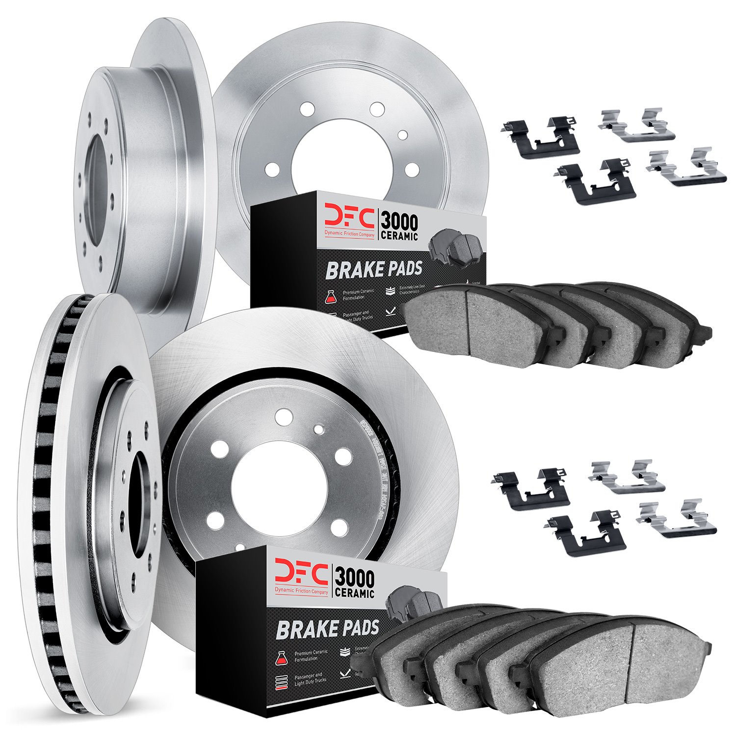 6314-37001 Brake Rotors with 3000-Series Ceramic Brake Pads Kit with Hardware, 1988-1995 GM, Position: Front and Rear