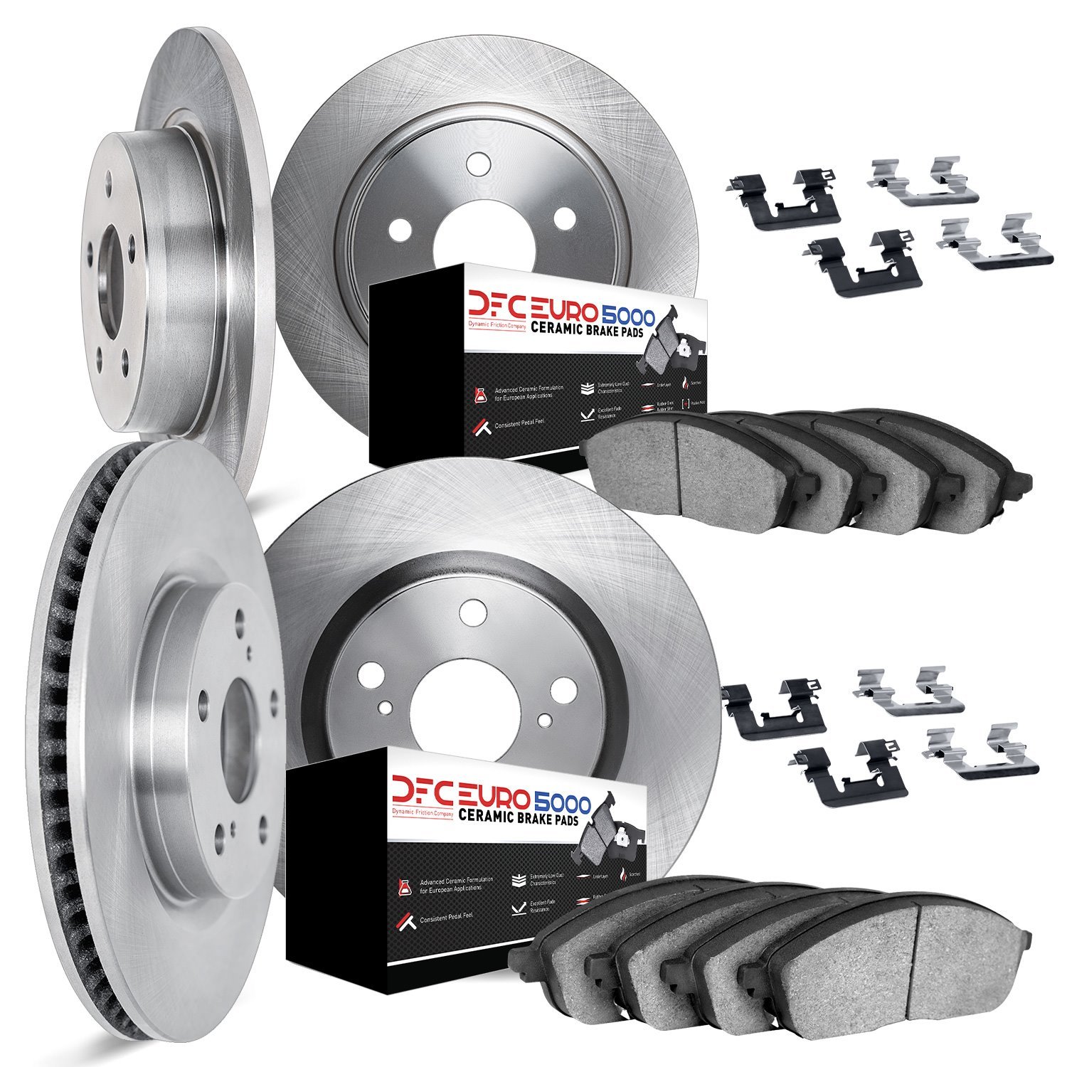 6614-10008 Brake Rotors w/5000 Euro Ceramic Brake Pads Kit with Hardware, 1976-1978 Volvo, Position: Front and Rear