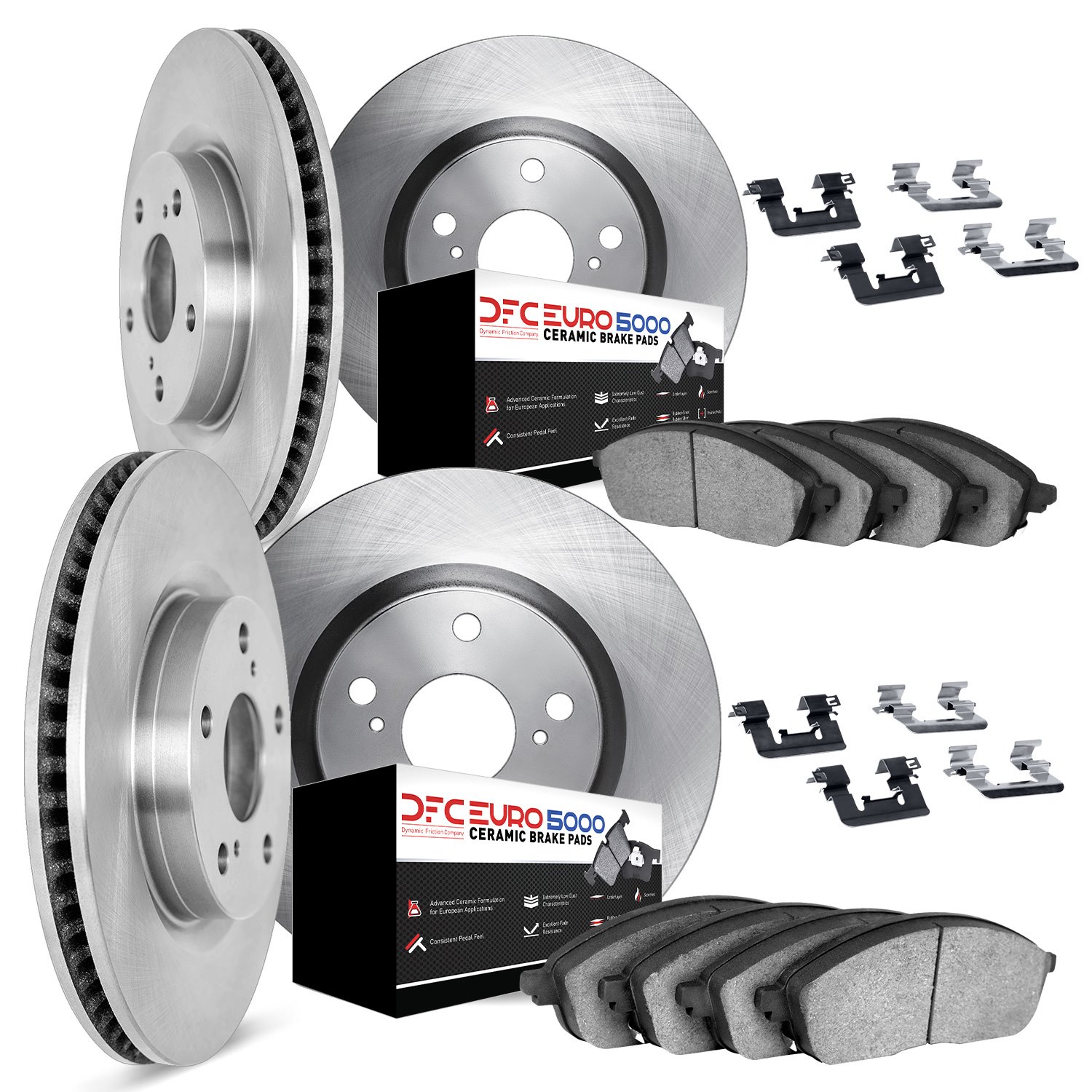 6614-10695 Brake Rotors w/5000 Euro Ceramic Brake Pads Kit with Hardware, 2009-2016 Renault, Position: Front and Rear