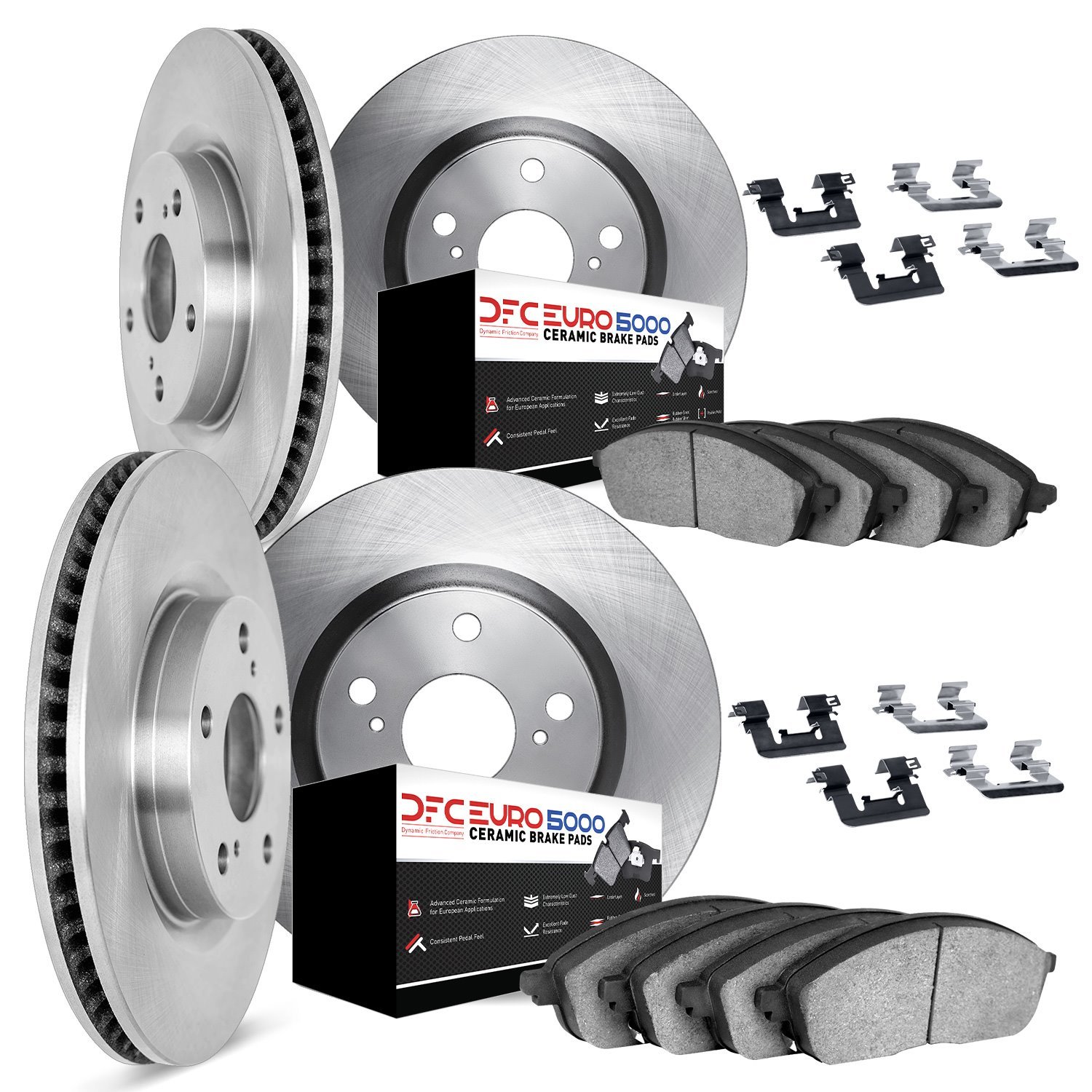 6614-10990 Brake Rotors w/5000 Euro Ceramic Brake Pads Kit with Hardware, 2005-2008 GM, Position: Front and Rear