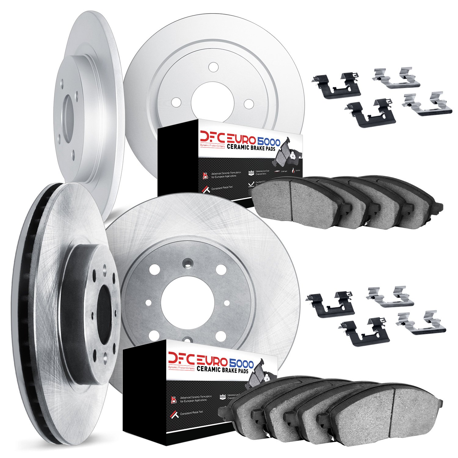 6614-12113 Brake Rotors w/5000 Euro Ceramic Brake Pads Kit with Hardware, 2013-2019 Mopar, Position: Front and Rear