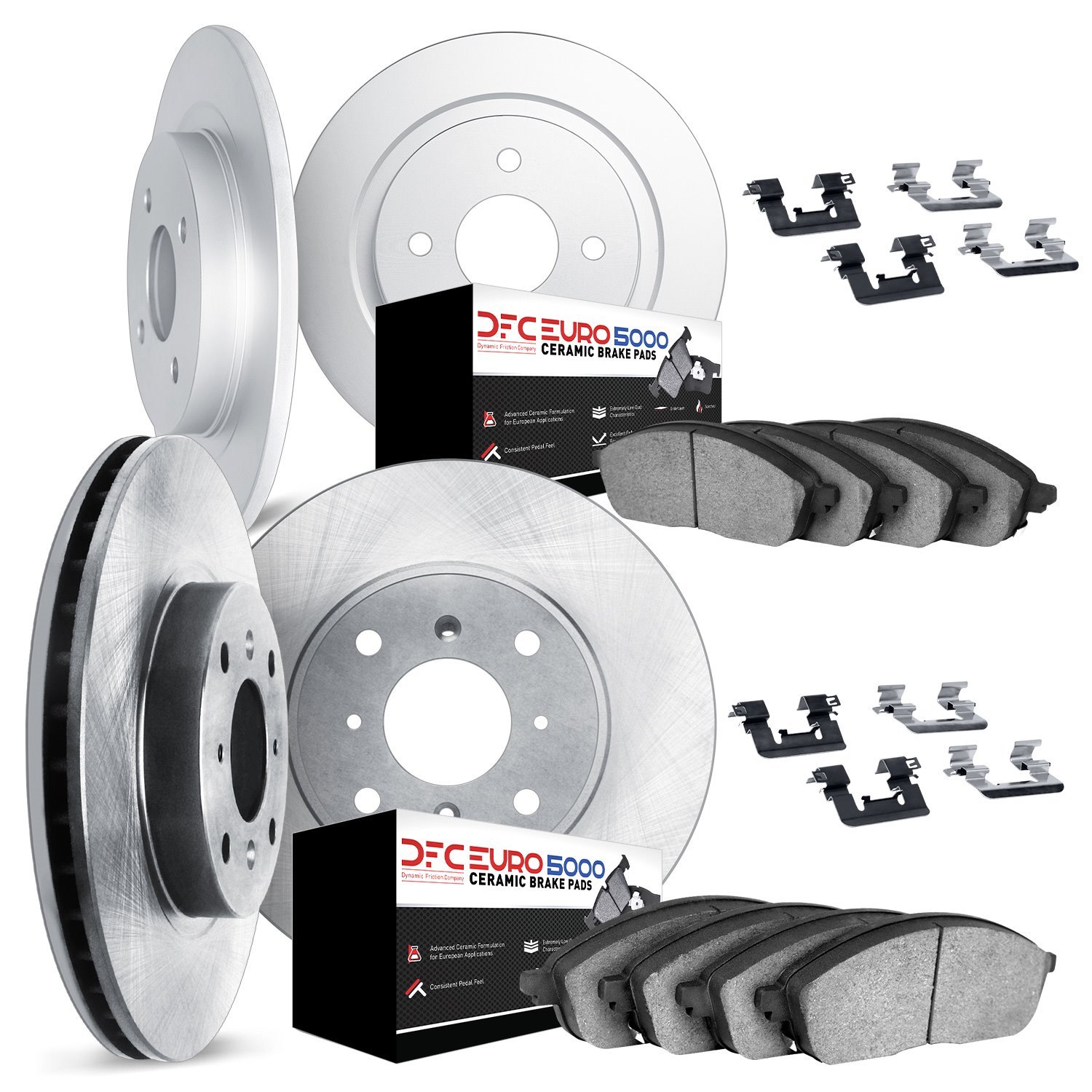 6614-73002 Brake Rotors w/5000 Euro Ceramic Brake Pads Kit with Hardware, 1988-1992 Audi/Volkswagen, Position: Front and Rear