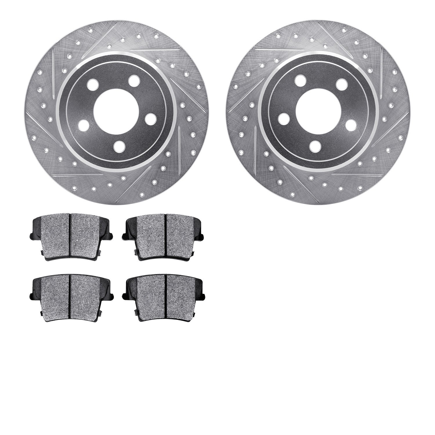 7202-39023 Drilled/Slotted Rotors w/Heavy-Duty Brake Pads Kit [Silver], Fits Select Mopar, Position: Rear