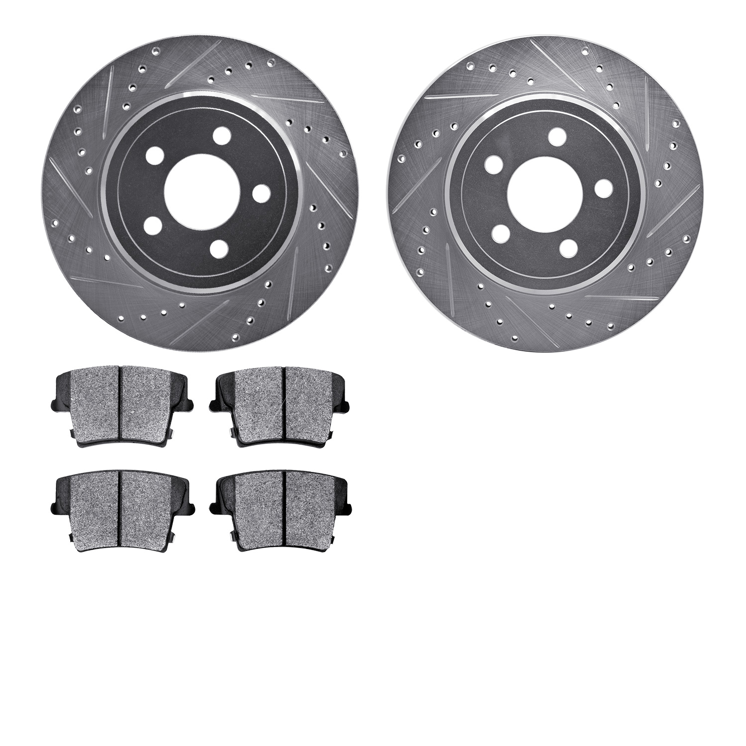 7202-39027 Drilled/Slotted Rotors w/Heavy-Duty Brake Pads Kit [Silver], Fits Select Mopar, Position: Rear