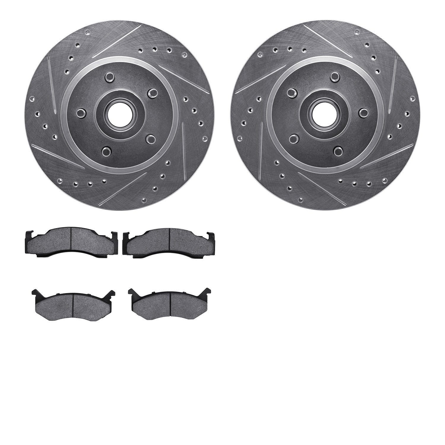 7202-39045 Drilled/Slotted Rotors w/Heavy-Duty Brake Pads Kit [Silver], 1973-1981 Mopar, Position: Front