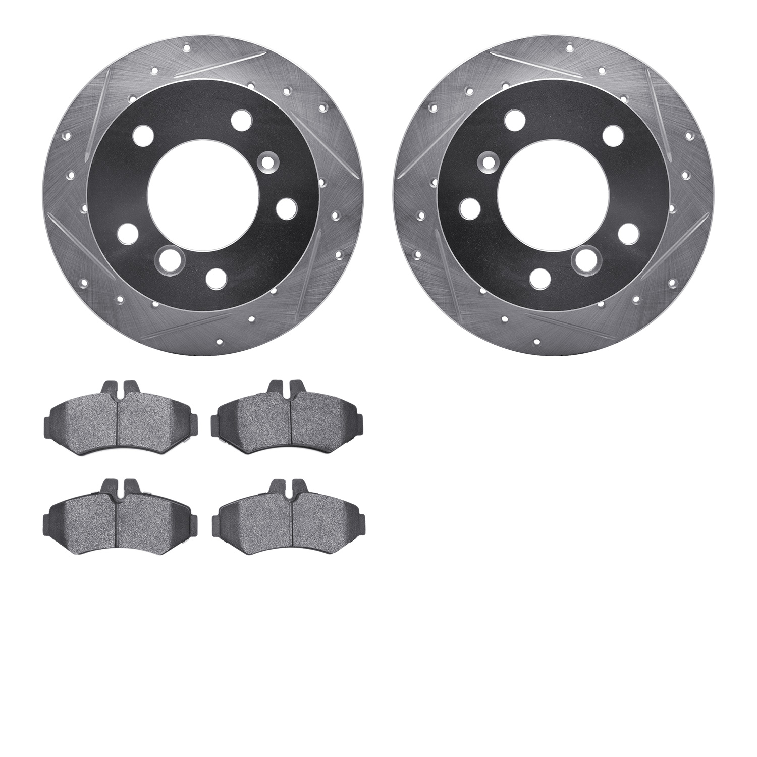 7202-40044 Drilled/Slotted Rotors w/Heavy-Duty Brake Pads Kit [Silver], 2002-2018 Multiple Makes/Models, Position: Rear