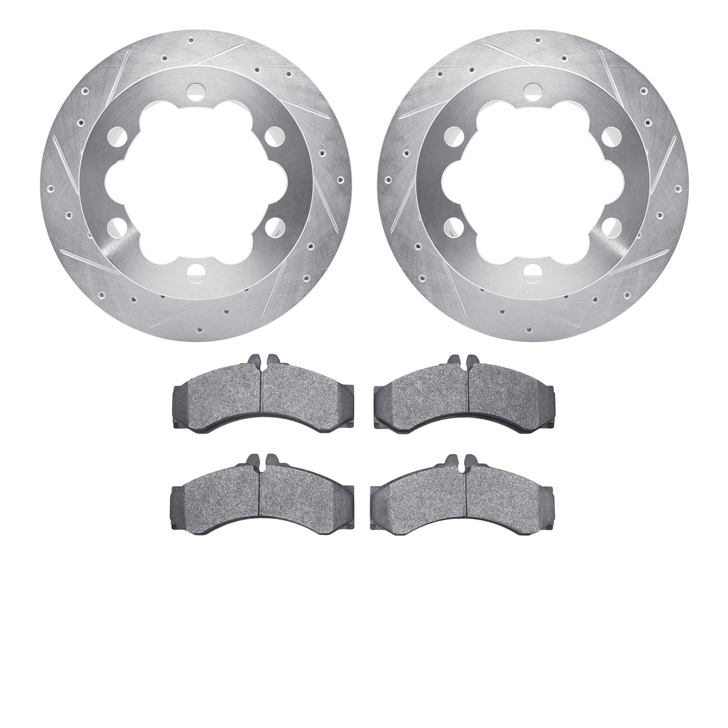 7202-40052 Drilled/Slotted Rotors w/Heavy-Duty Brake Pads Kit [Silver], 2002-2006 Multiple Makes/Models, Position: Rear