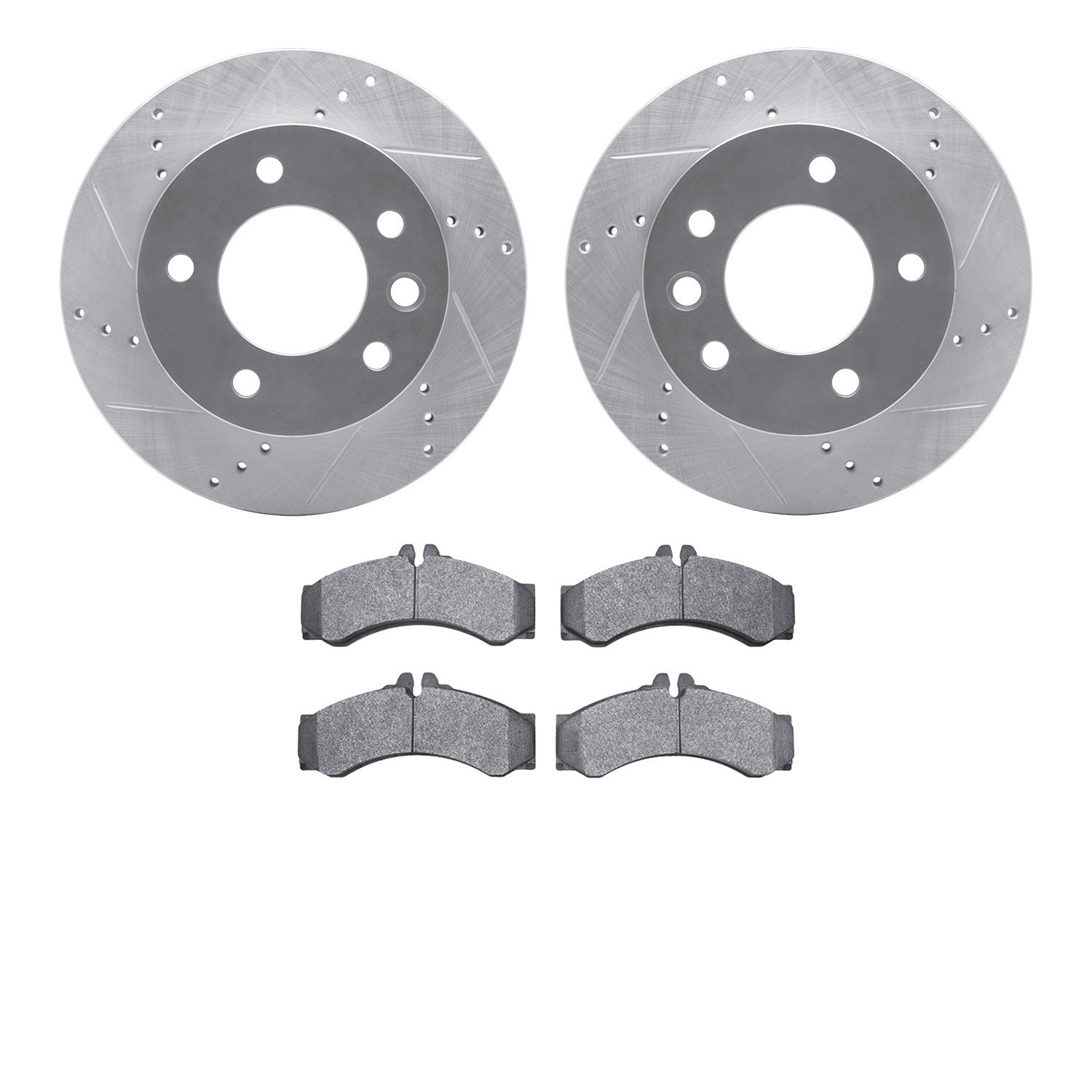 7202-40056 Drilled/Slotted Rotors w/Heavy-Duty Brake Pads Kit [Silver], 2002-2006 Multiple Makes/Models, Position: Front