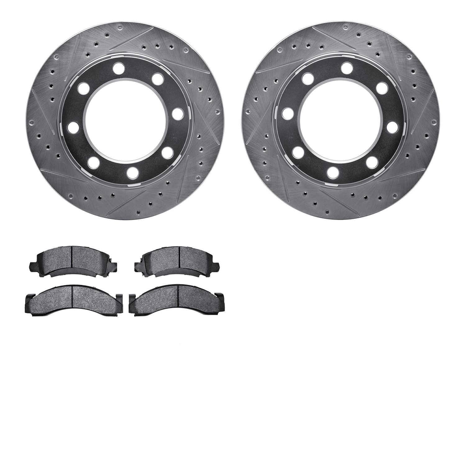7202-40074 Drilled/Slotted Rotors w/Heavy-Duty Brake Pads Kit [Silver], 1975-1993 Mopar, Position: Front