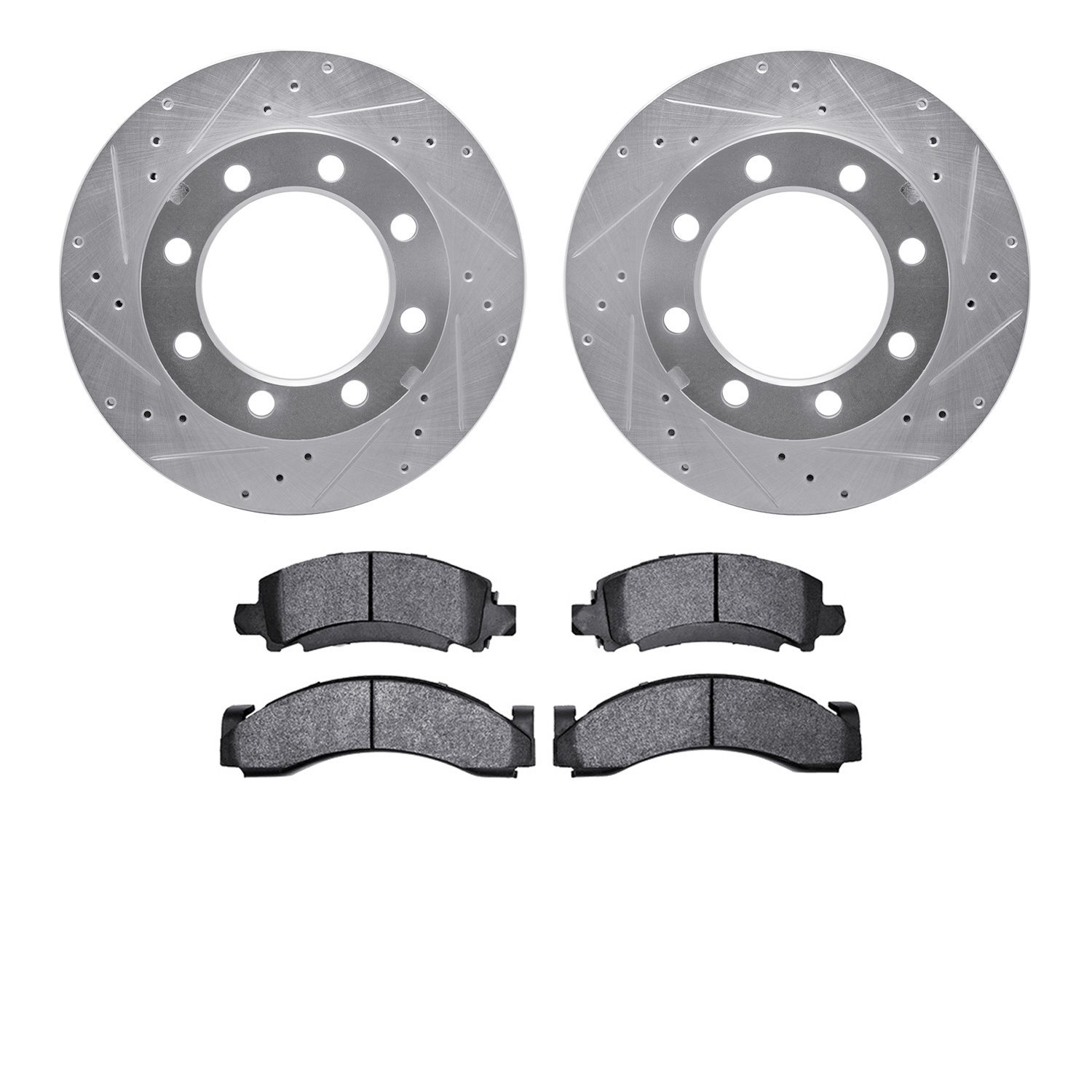 7202-40077 Drilled/Slotted Rotors w/Heavy-Duty Brake Pads Kit [Silver], 1977-1993 Multiple Makes/Models, Position: Front