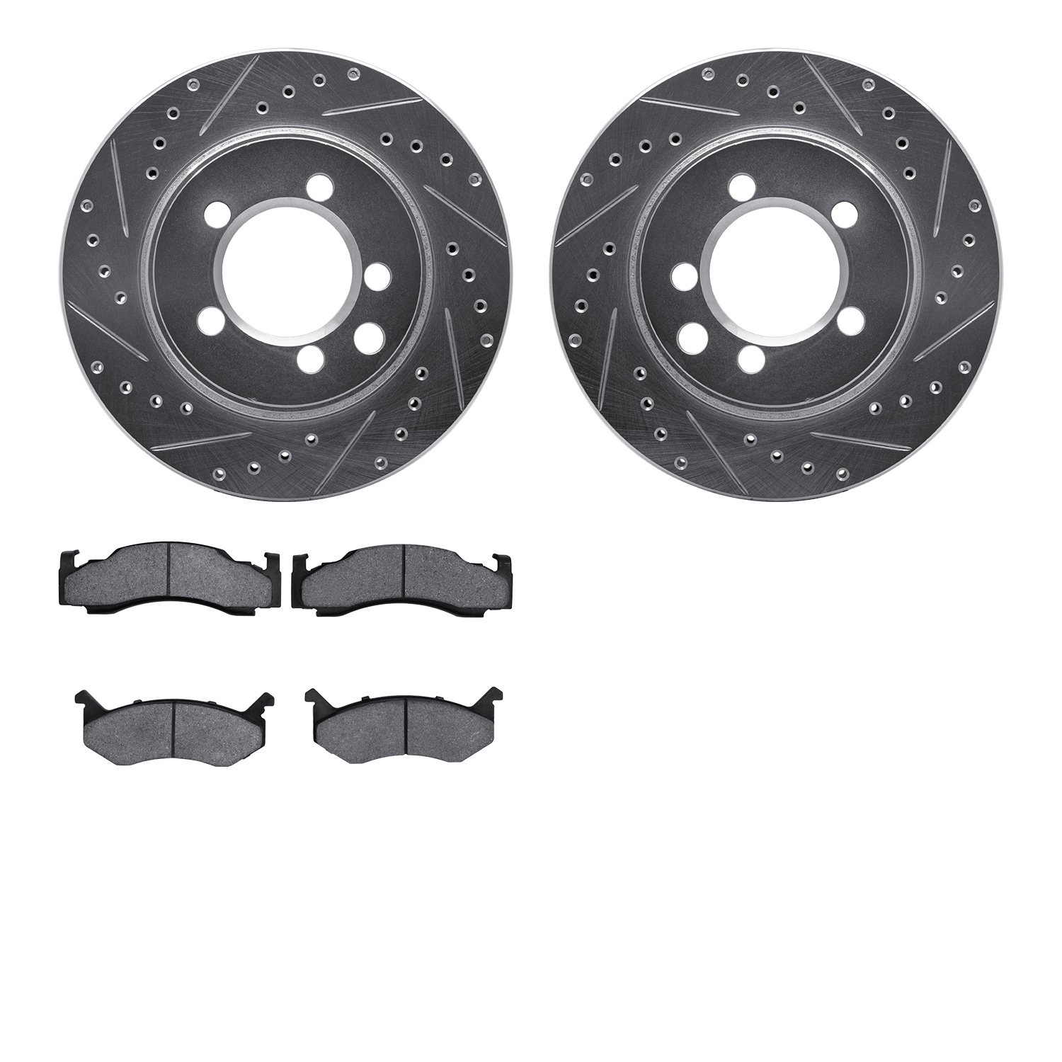 7202-40079 Drilled/Slotted Rotors w/Heavy-Duty Brake Pads Kit [Silver], 1974-1981 Mopar, Position: Front